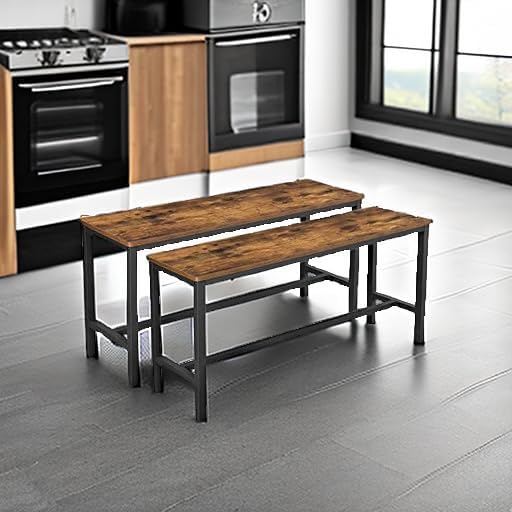 VASAGLE Dining Bench, Pair of 2, Industrial Style, Steel Frame, for Kitchen, Living Room, 12.8 x 42.5 x 19.7 Inches, Rustic Brown + Black,UKTB33X