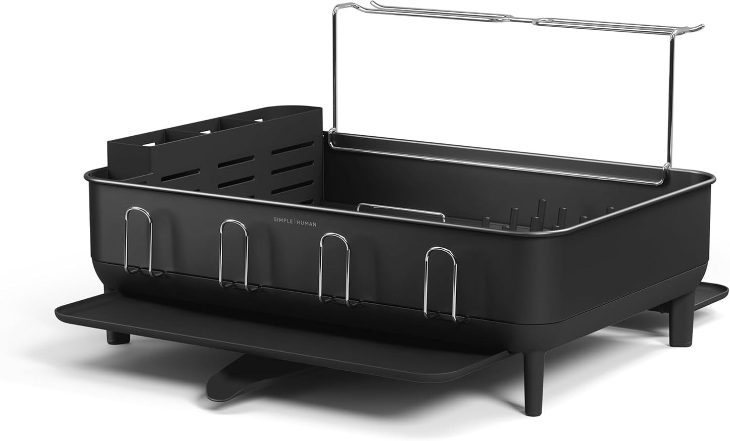 simplehuman Compact Dish Drying Rack with Stainless Steel Frame, 360º Easy Drain Swivel Spout, Utensil Holder, Anti-Residue Coating, Moisture Control Surface, Grey