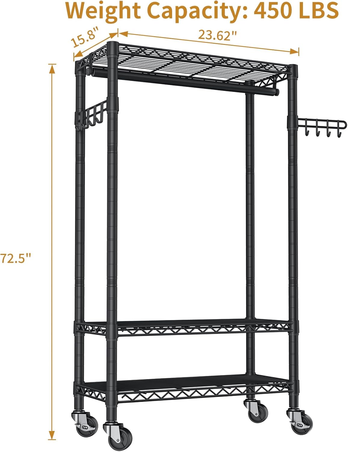 Heavy Duty Clothes Rack Rolling Garment Rack,3 Tier Adjustable Wire Shelving Clothing Racks for Hanging Clothes with Hanger Rod&Side Hooks,Freestanding Wardrobe Storage Rack Metal Portable Closet