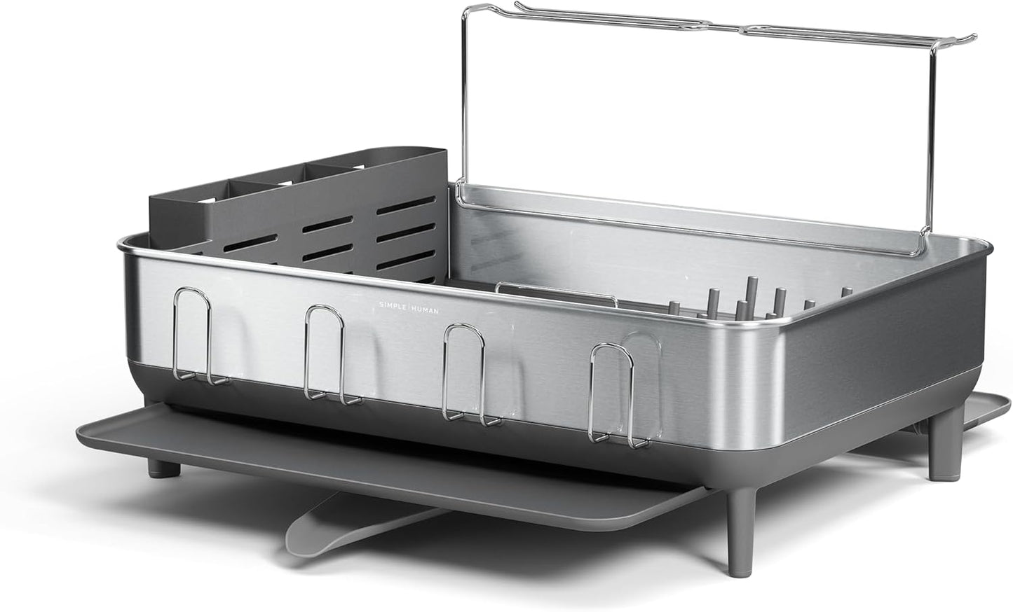 simplehuman Compact Dish Drying Rack with Stainless Steel Frame, 360º Easy Drain Swivel Spout, Utensil Holder, Anti-Residue Coating, Moisture Control Surface, Grey