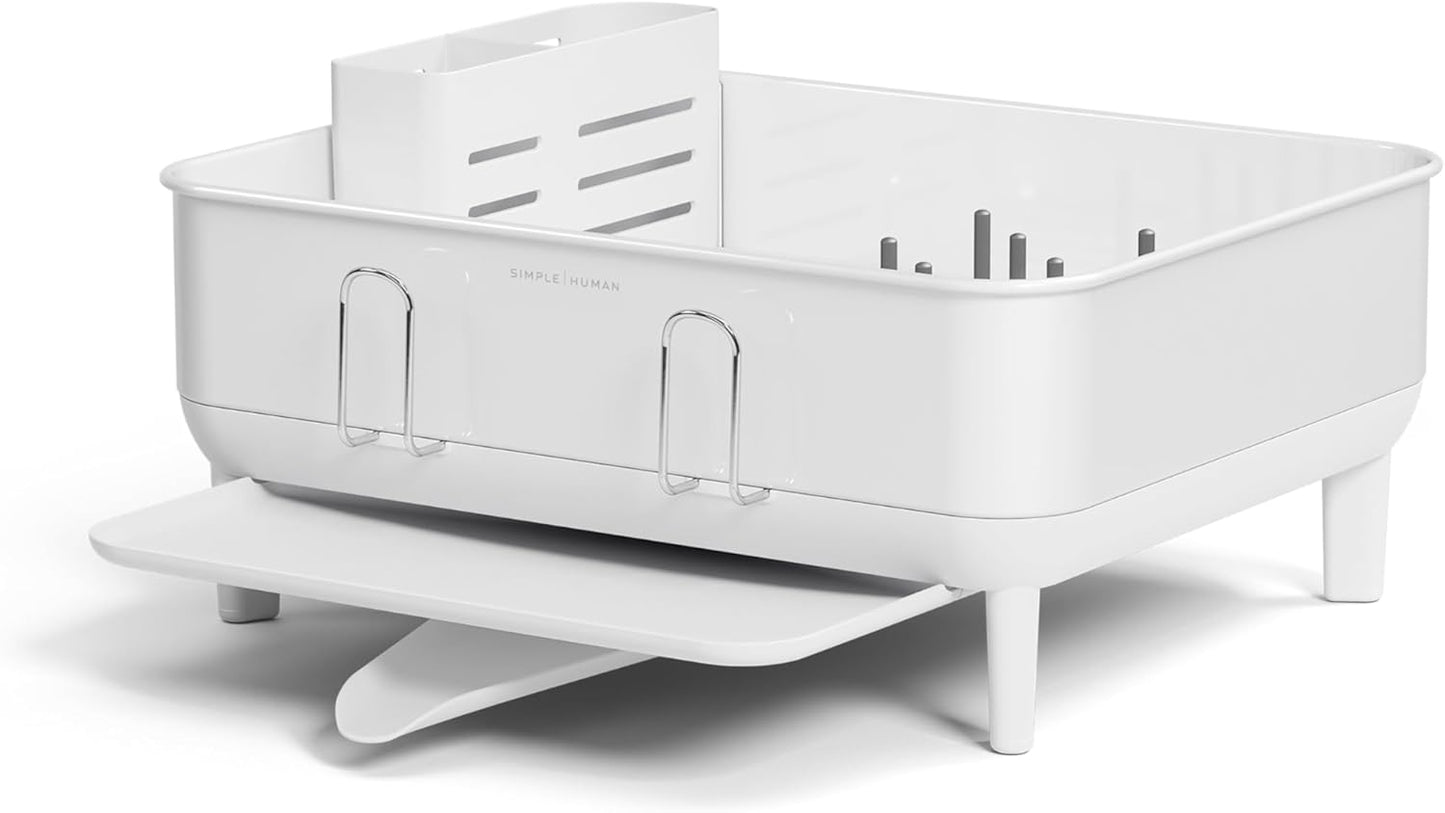 simplehuman Compact Dish Drying Rack with Stainless Steel Frame, 360º Easy Drain Swivel Spout, Utensil Holder, Anti-Residue Coating, Moisture Control Surface, Grey