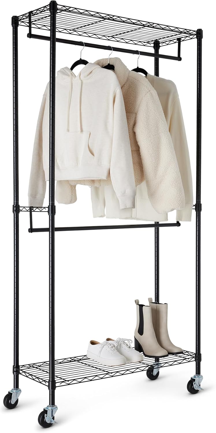 Amazon Basics Adjustable Clothes Rack for Handing, Double Hanging Rod Garment Rolling Closet Clothing Organizer, Chrome, 36'' x 14'' x 72''