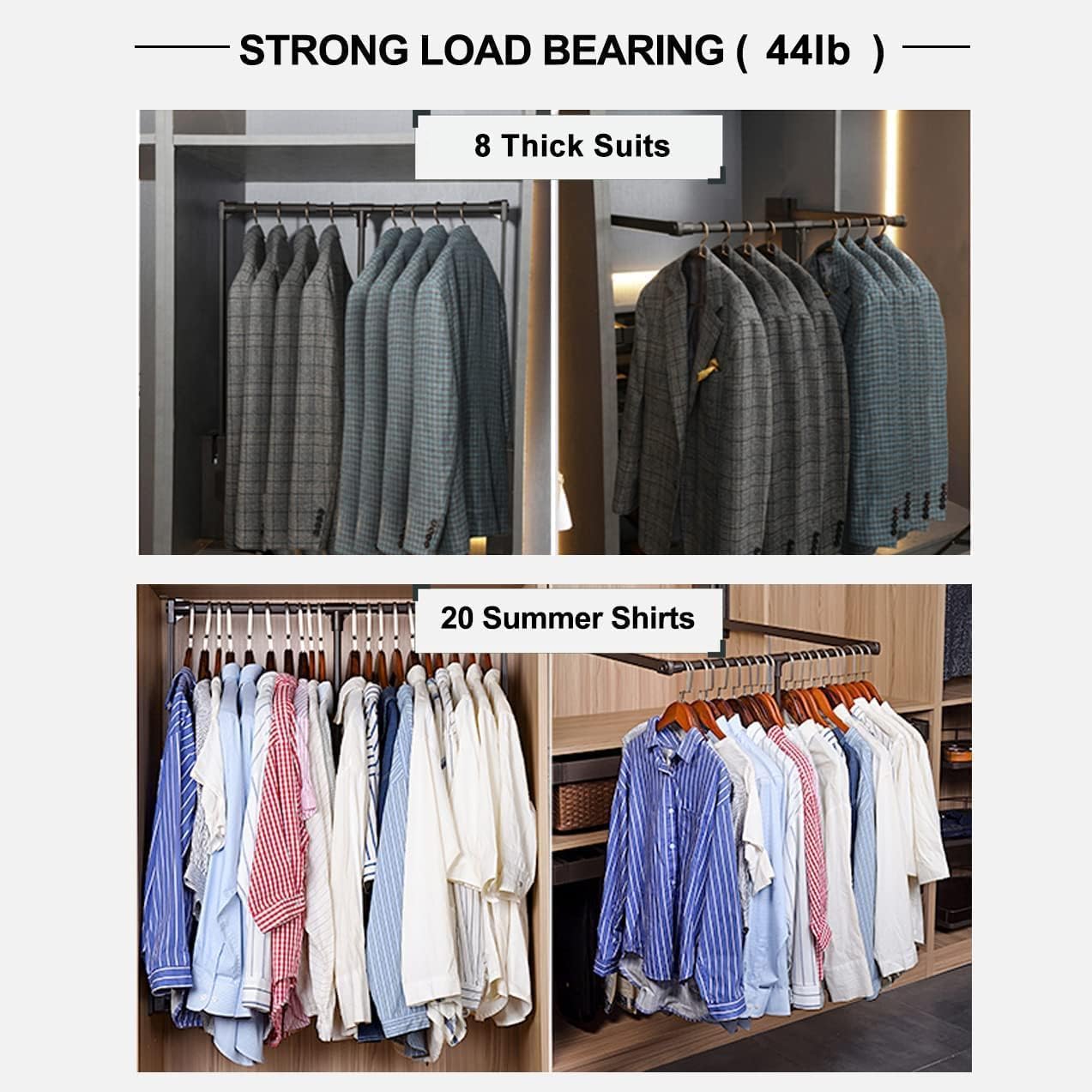 Pull Down Closet Rod for Hanging Clothes, Retractable Wardrobe Hanger for Cabinet Inside Width 35"~47.2", Aluminium alloy Tubing with Plastic Housing, 44 lb Weight Rating