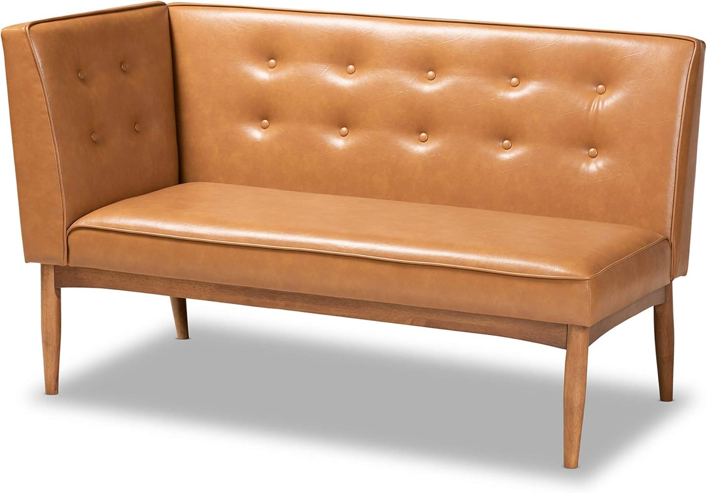 Baxton Studio Arvid Mid-Century Modern Tan Faux Leather Upholstered and Walnut Brown Finished Wood 2-Piece Dining Corner Sofa Bench
