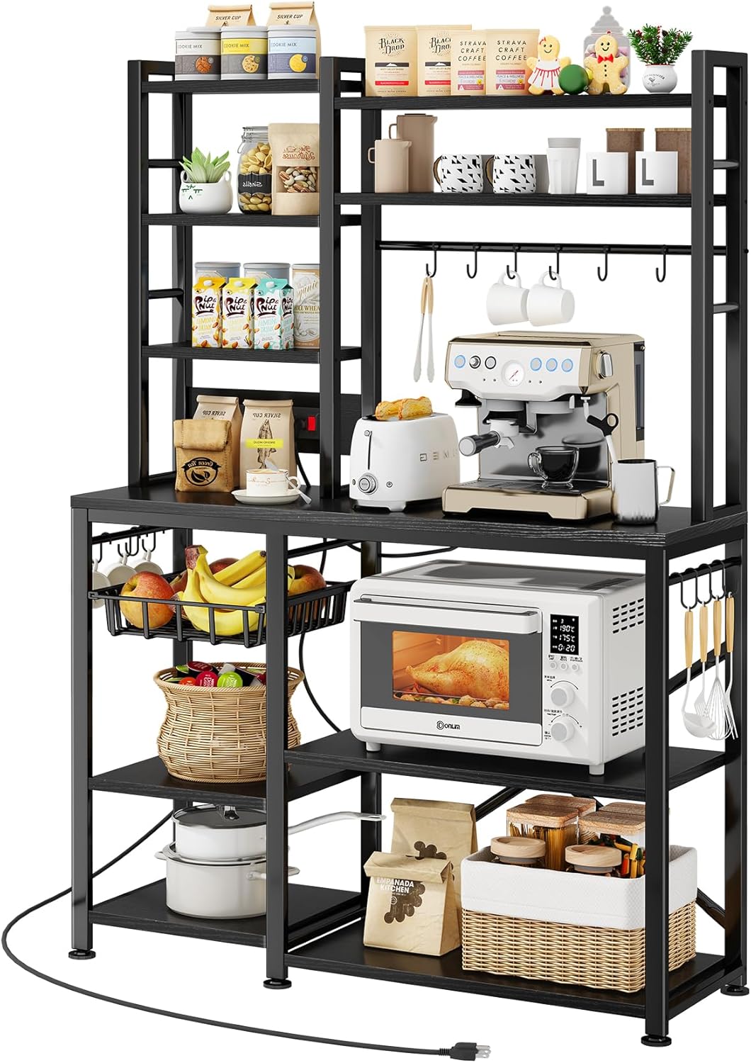 Baker Rack with Power Outlet - Microwave Stand with Storage, Large Coffee Bar Station with 14 Hooks, Metal Kitchen Shelf Rack for Spices, Pots (Rustic Brown)