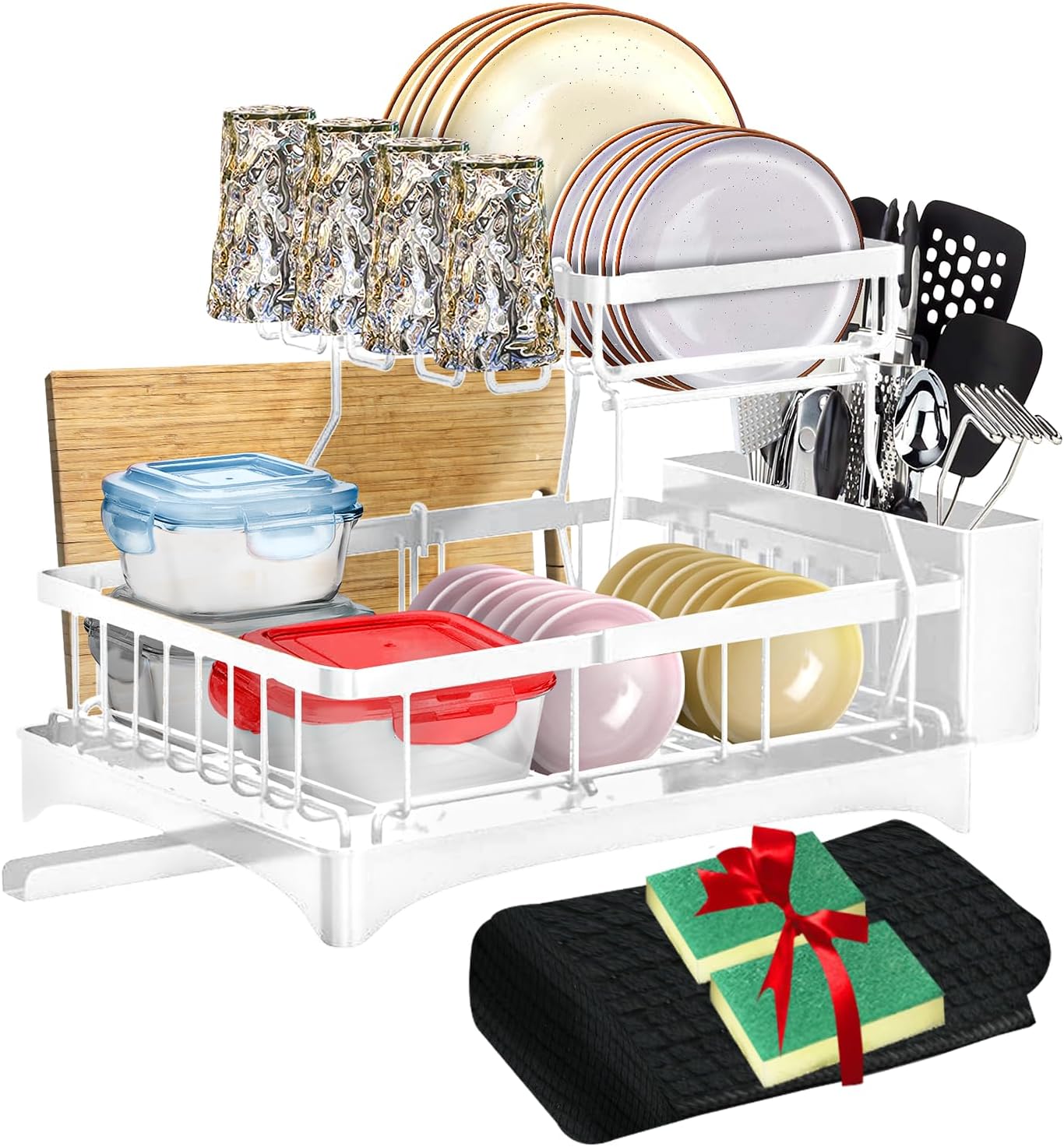 DINEST 1 Tier Dish Drying Rack with Drainboard – Rust Resistant Iron Kitchen Dish Rack with 270° Rotating Spout, Utensil & Plate Holders – Compact Drying Rack for Kitchen Counter - Black