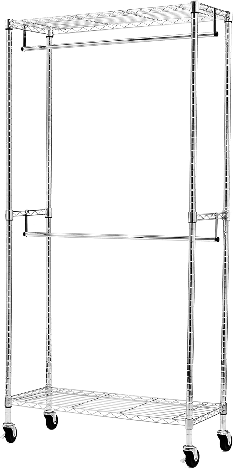 Amazon Basics Adjustable Clothes Rack for Handing, Double Hanging Rod Garment Rolling Closet Clothing Organizer, Chrome, 36'' x 14'' x 72''