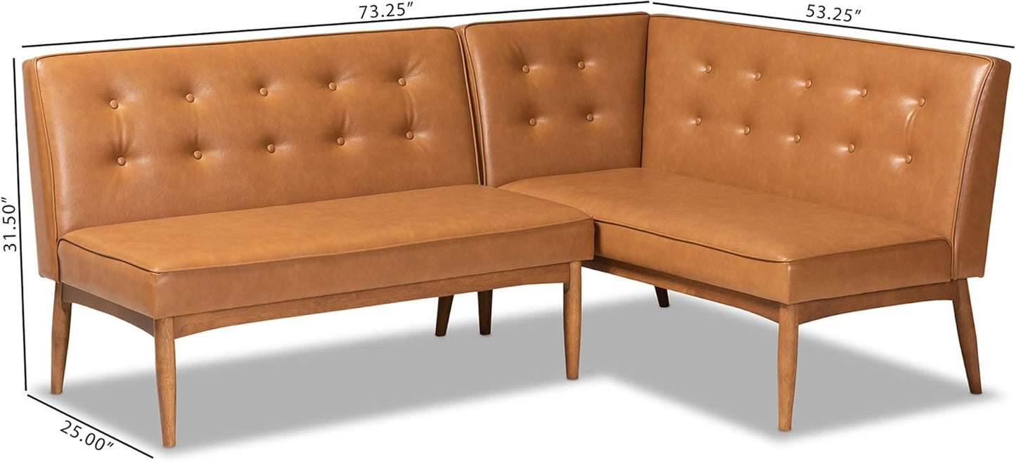 Baxton Studio Arvid Mid-Century Modern Tan Faux Leather Upholstered and Walnut Brown Finished Wood 2-Piece Dining Corner Sofa Bench