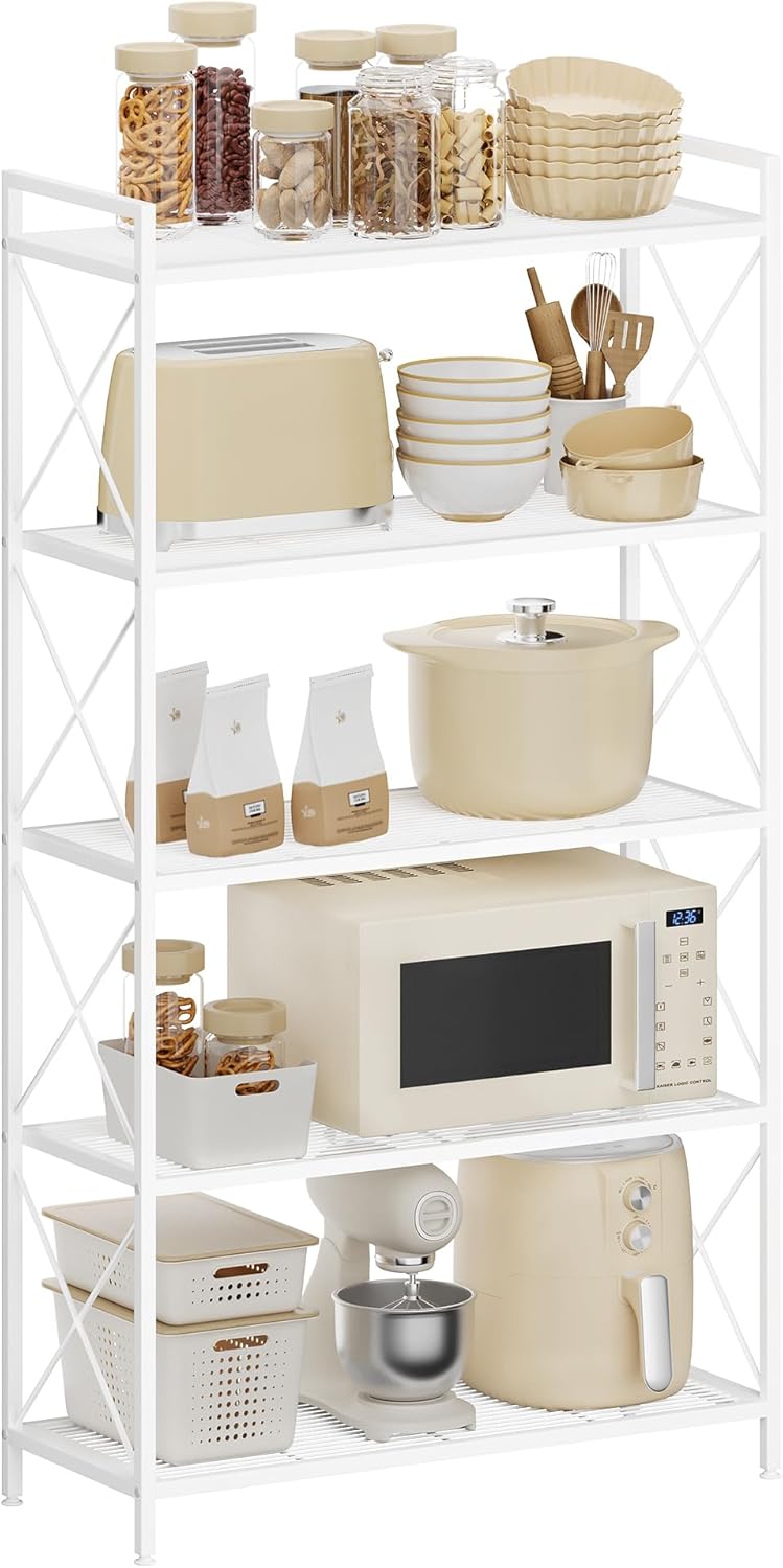 SONGMICS 5-Tier Metal Storage Rack, Shelving Unit with X Side Frames, Dense Mesh, 12.6 x 23.6 x 57.3 Inches, for Entryway, Kitchen, Living Room, Bathroom, Industrial Style, Ink Black UBSC165B01