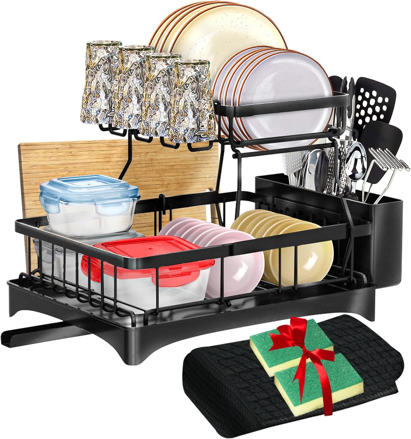 DINEST 1 Tier Dish Drying Rack with Drainboard – Rust Resistant Iron Kitchen Dish Rack with 270° Rotating Spout, Utensil & Plate Holders – Compact Drying Rack for Kitchen Counter - Black