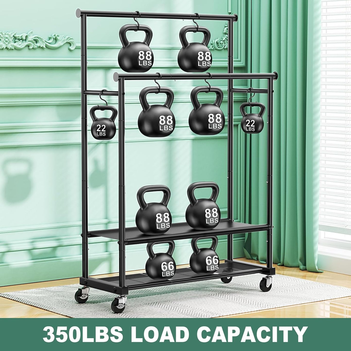 Double Rods Clothes Rack for Hanging Clothes, Heavy Duty Rolling Clothing Rack with Wheels, Freestanding Garment Racks with Oxford Bottom Shelf and Mesh Bottom Shelf for Bedroom Laundry Living Room