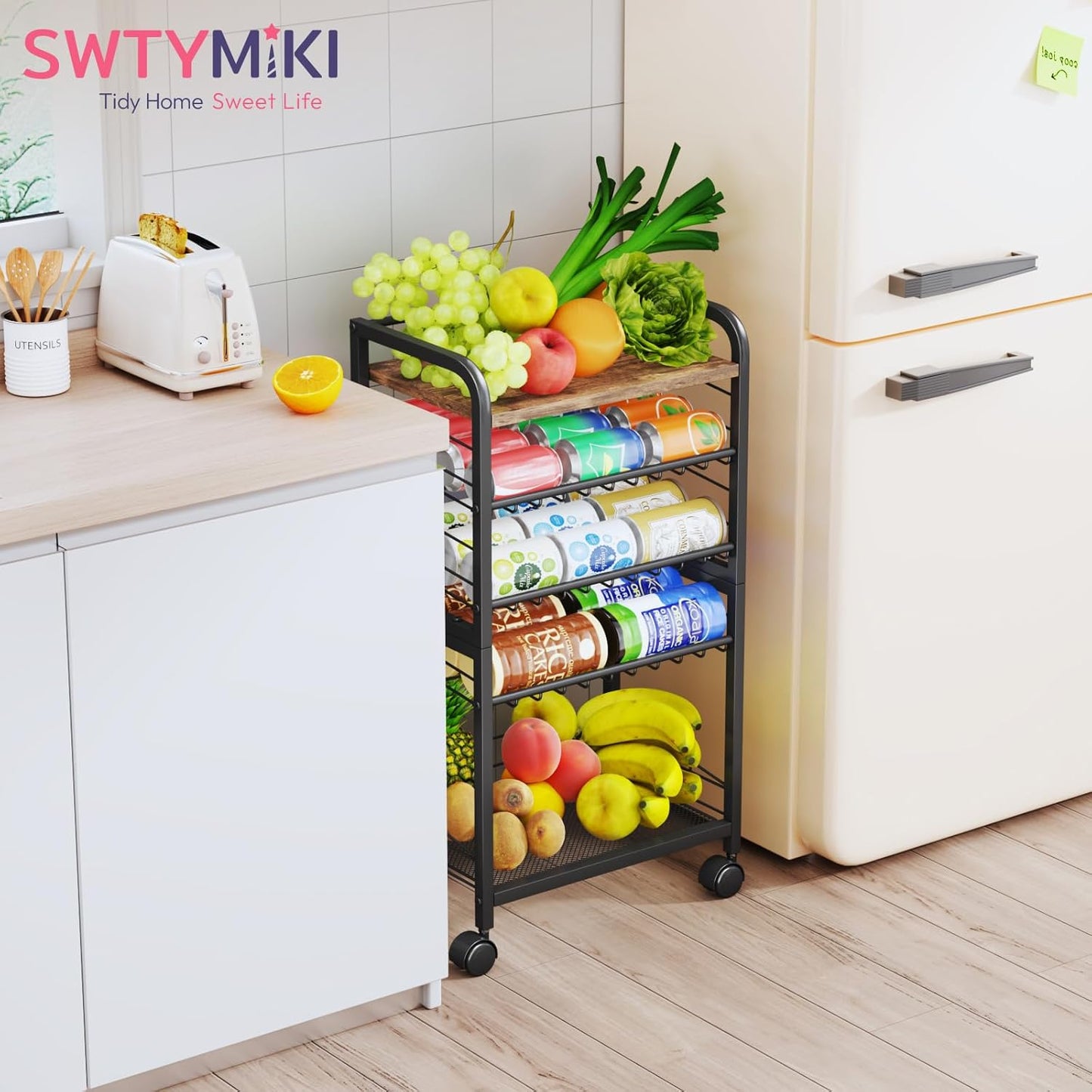 SWTYMIKI Can Organizer for Pantry - Stackable Rolling Snack Cart, Soda Can Organizer, Multi-Functional Shelf with Adjustable Wheels for Kitchen, Office, Living Room, Black