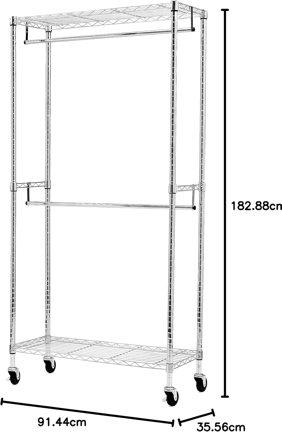 Amazon Basics Adjustable Clothes Rack for Handing, Double Hanging Rod Garment Rolling Closet Clothing Organizer, Chrome, 36'' x 14'' x 72''
