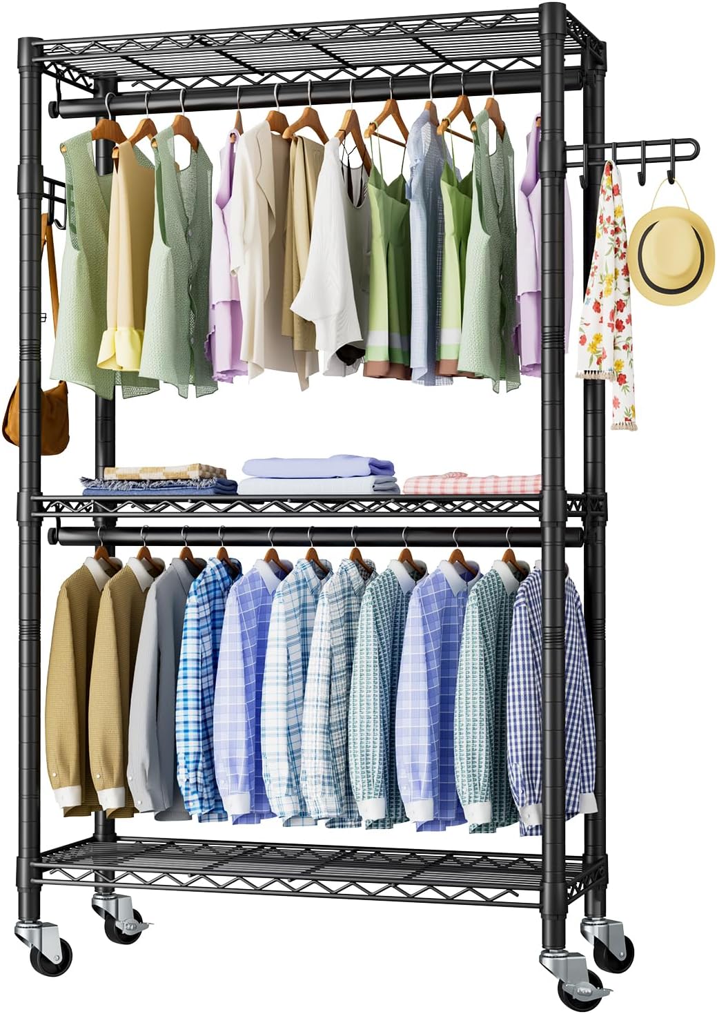Heavy Duty Clothes Rack Rolling Garment Rack,3 Tier Adjustable Wire Shelving Clothing Racks for Hanging Clothes with Hanger Rod&Side Hooks,Freestanding Wardrobe Storage Rack Metal Portable Closet