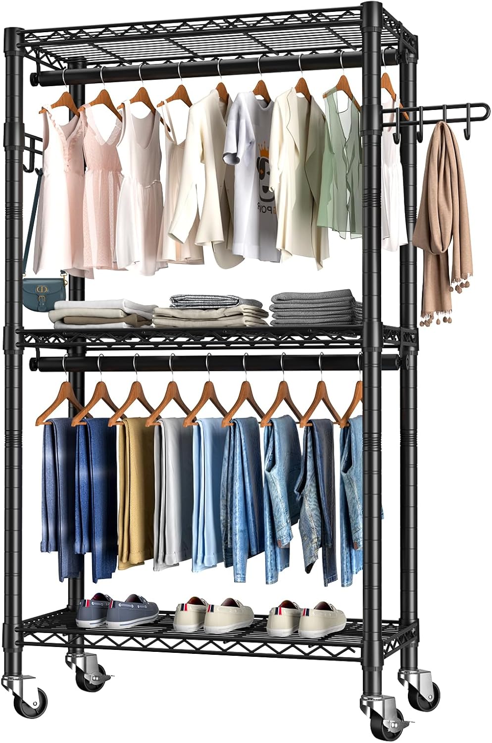 Heavy Duty Clothes Rack Rolling Garment Rack,3 Tier Adjustable Wire Shelving Clothing Racks for Hanging Clothes with Hanger Rod&Side Hooks,Freestanding Wardrobe Storage Rack Metal Portable Closet
