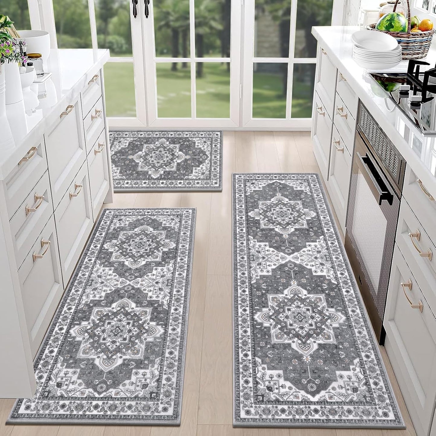 HEBE Farmhouse Kitchen Rugs Sets of 3 Non Slip Washable Boho Kitchen Rugs and Mats for Floor Kitchen Runner Rug Floor Carpet for Kitchen, Laundry, Hallways