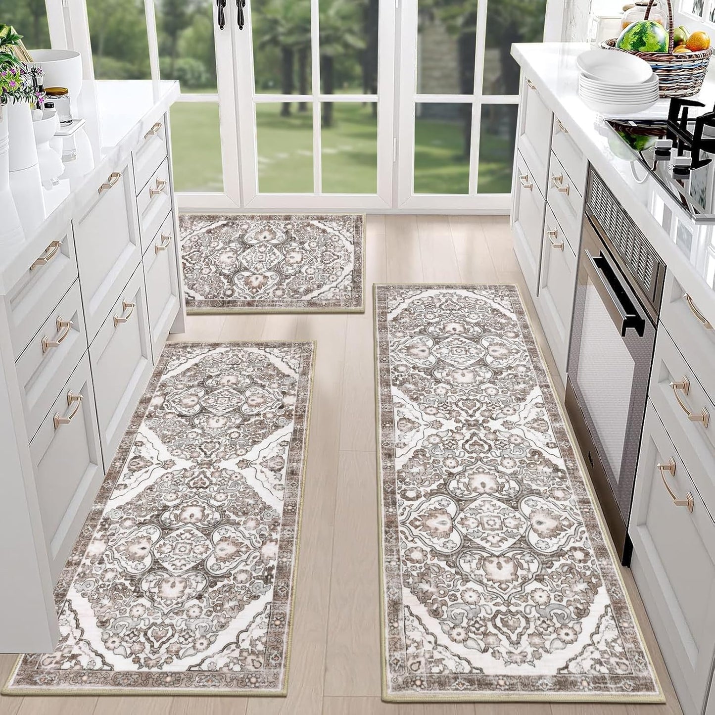 HEBE Farmhouse Kitchen Rugs Sets of 3 Non Slip Washable Boho Kitchen Rugs and Mats for Floor Kitchen Runner Rug Floor Carpet for Kitchen, Laundry, Hallways