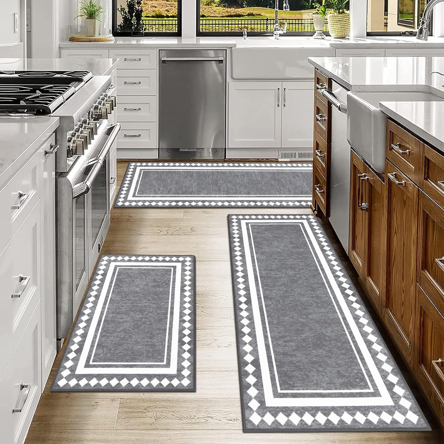 HEBE Farmhouse Kitchen Rugs Sets of 3 Non Slip Washable Boho Kitchen Rugs and Mats for Floor Kitchen Runner Rug Floor Carpet for Kitchen, Laundry, Hallways