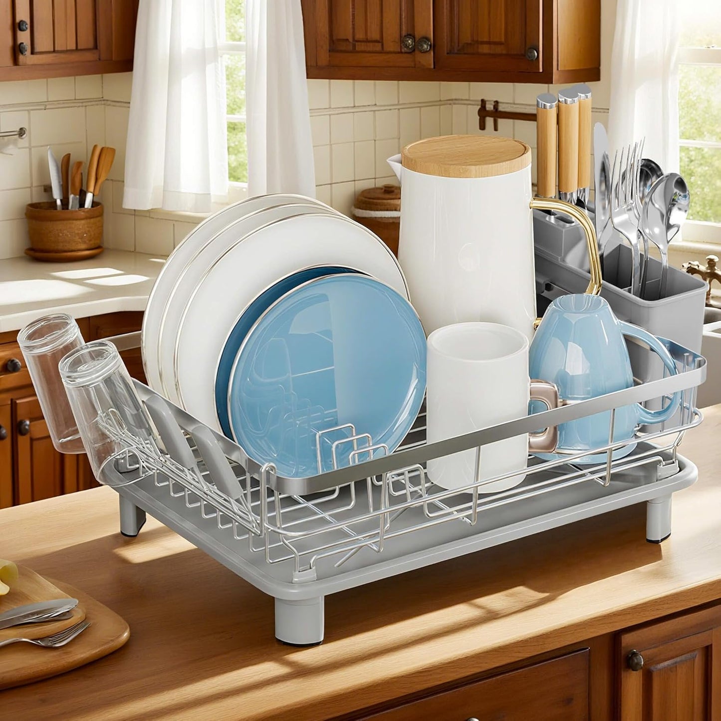 MOUKABAL Dish Drying Rack, Dish Rack, Stainless Steel Dish Racks for Kitchen Counter, Dish Drainer with Removable Utensil Holder, Drainboard (Black)