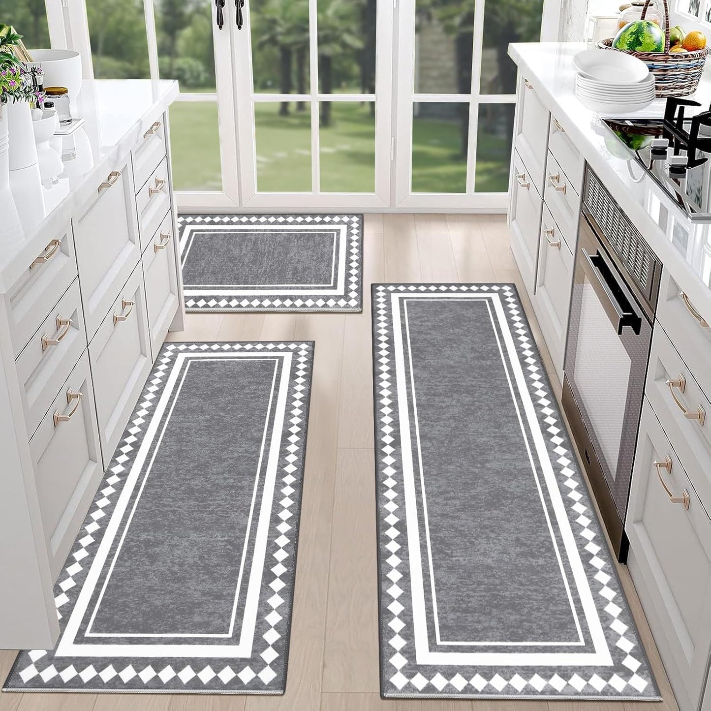 HEBE Farmhouse Kitchen Rugs Sets of 3 Non Slip Washable Boho Kitchen Rugs and Mats for Floor Kitchen Runner Rug Floor Carpet for Kitchen, Laundry, Hallways