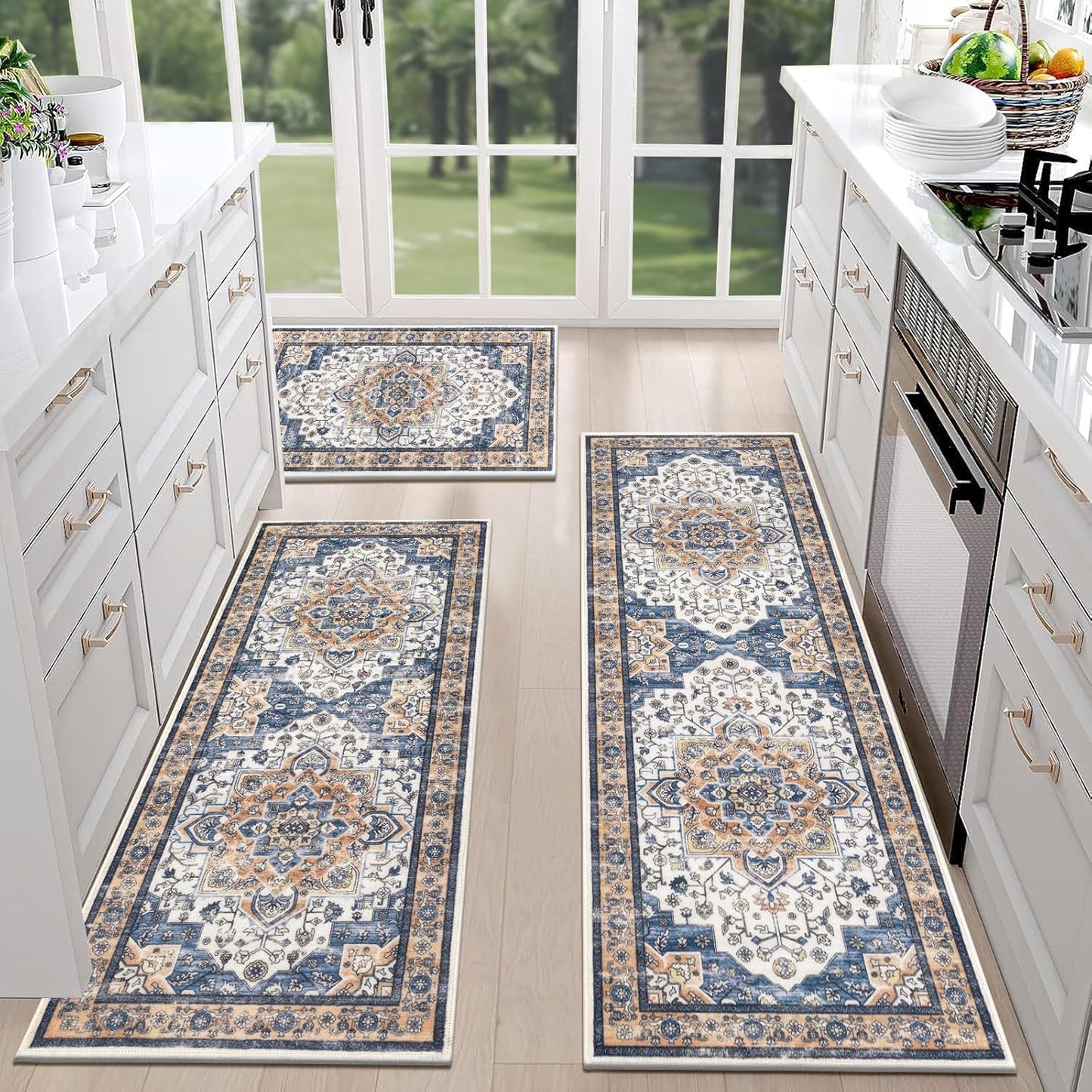 HEBE Farmhouse Kitchen Rugs Sets of 3 Non Slip Washable Boho Kitchen Rugs and Mats for Floor Kitchen Runner Rug Floor Carpet for Kitchen, Laundry, Hallways