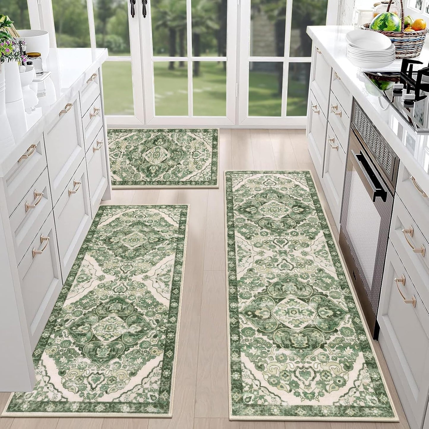 HEBE Farmhouse Kitchen Rugs Sets of 3 Non Slip Washable Boho Kitchen Rugs and Mats for Floor Kitchen Runner Rug Floor Carpet for Kitchen, Laundry, Hallways