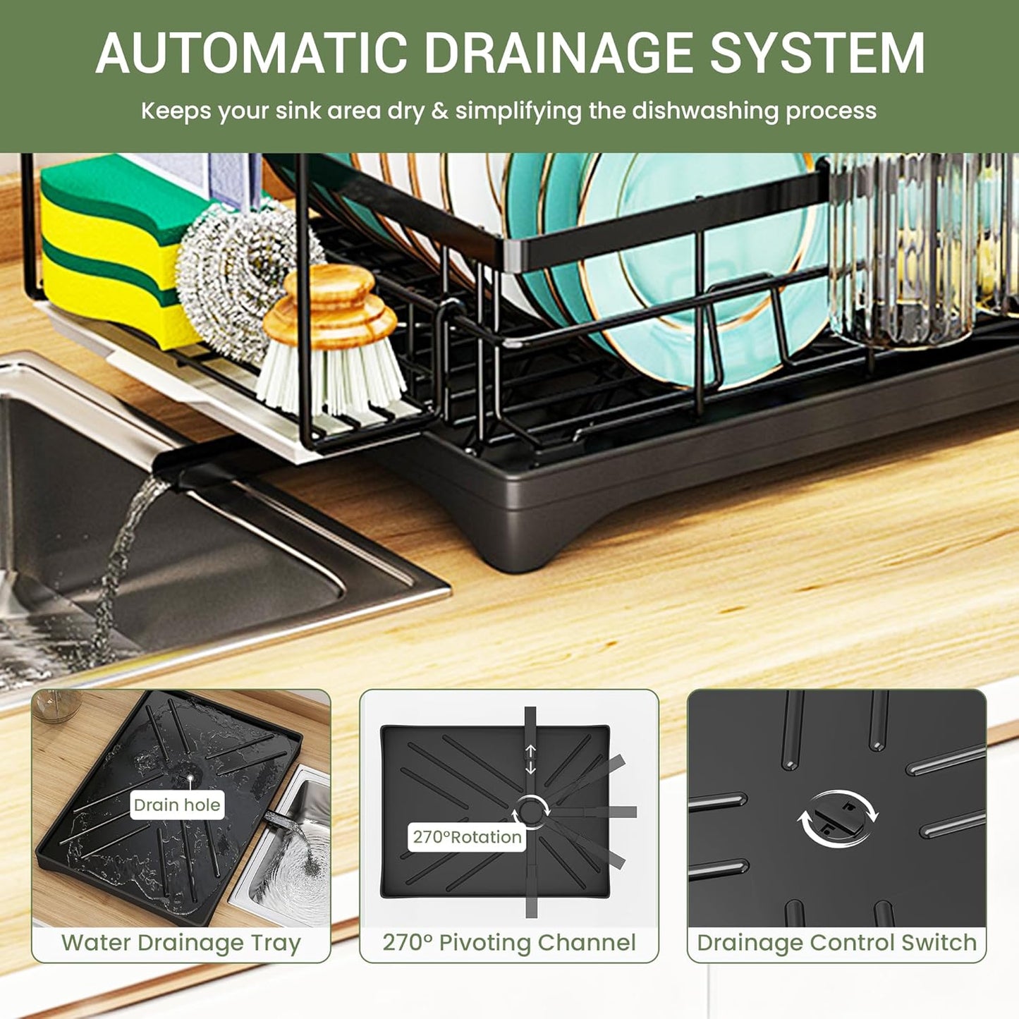 DINEST 1 Tier Dish Drying Rack with Drainboard – Rust Resistant Iron Kitchen Dish Rack with 270° Rotating Spout, Utensil & Plate Holders – Compact Drying Rack for Kitchen Counter - Black