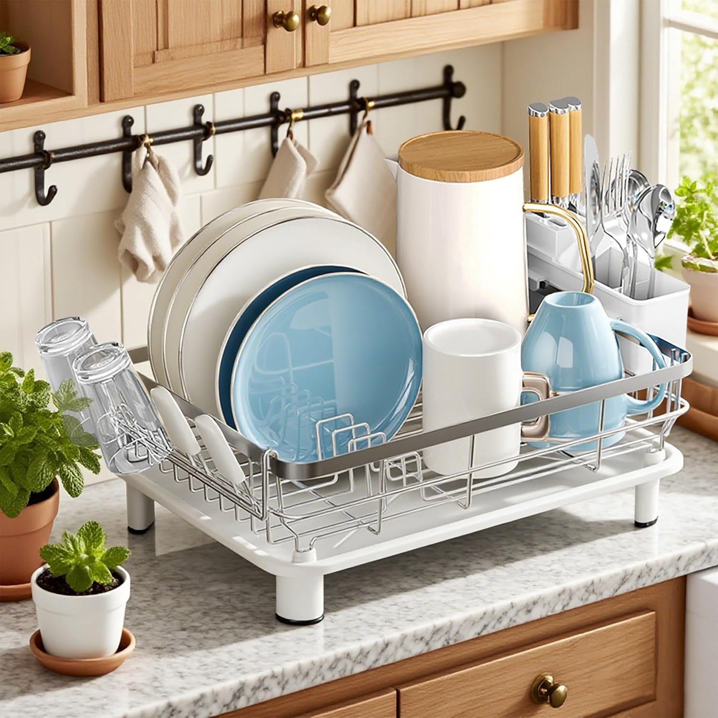 MOUKABAL Dish Drying Rack, Dish Rack, Stainless Steel Dish Racks for Kitchen Counter, Dish Drainer with Removable Utensil Holder, Drainboard (Black)