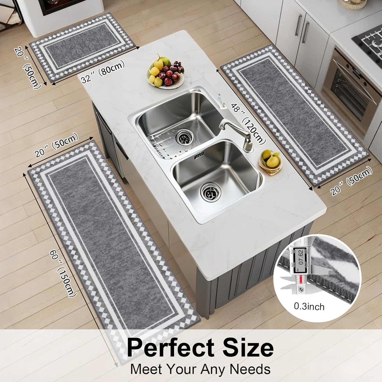 HEBE Farmhouse Kitchen Rugs Sets of 3 Non Slip Washable Boho Kitchen Rugs and Mats for Floor Kitchen Runner Rug Floor Carpet for Kitchen, Laundry, Hallways