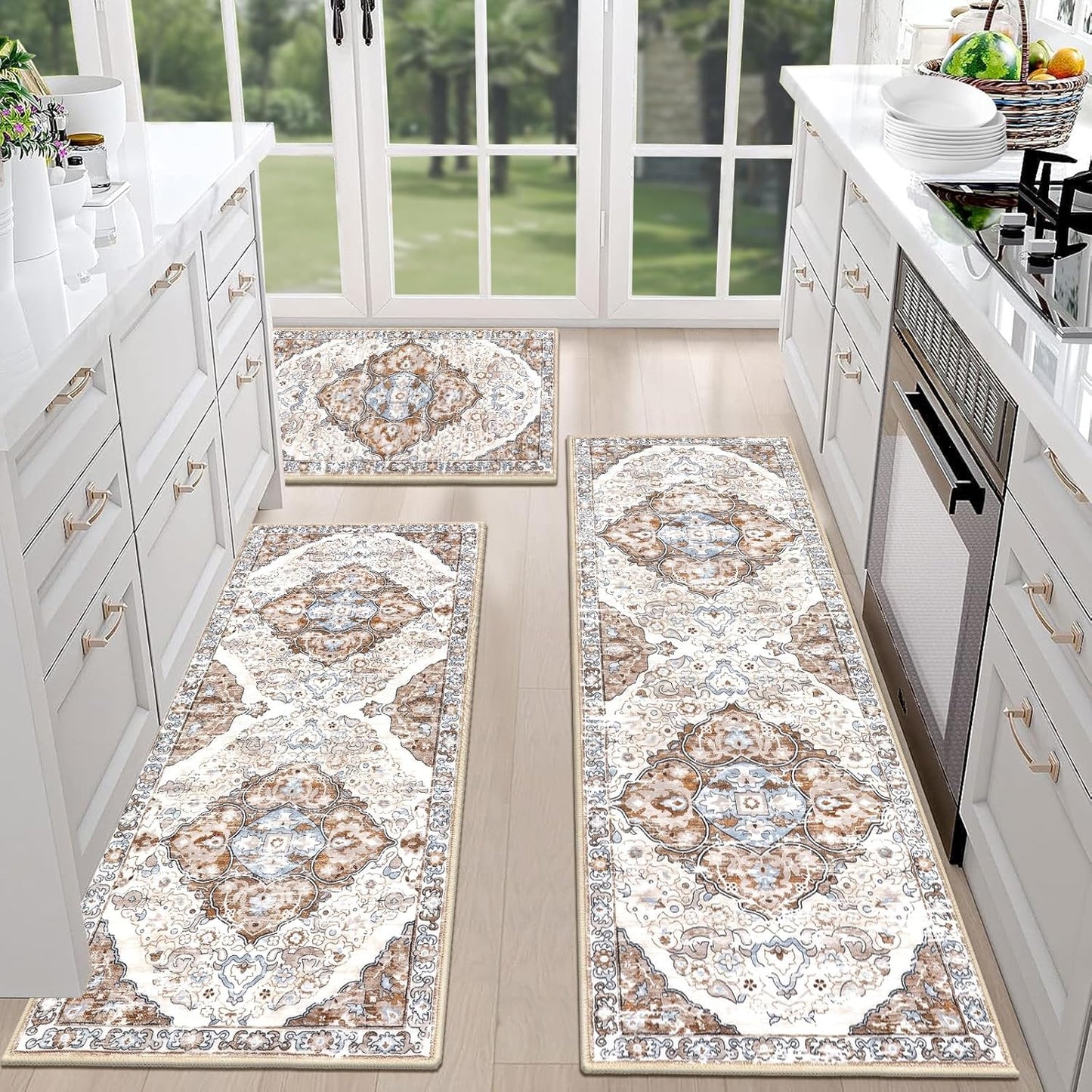HEBE Farmhouse Kitchen Rugs Sets of 3 Non Slip Washable Boho Kitchen Rugs and Mats for Floor Kitchen Runner Rug Floor Carpet for Kitchen, Laundry, Hallways