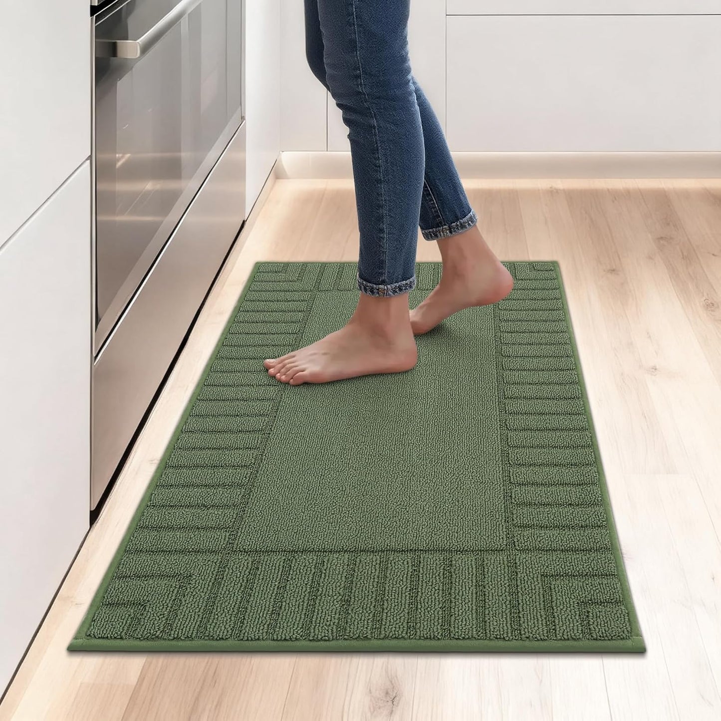 BEQHAUSE-Kitchen-Rugs-Non-Slip-Kitchen-Mats-for-Floor Machine Washable Kitchen Rugs 2 Pieces Kitchen Carpet Runner with TPR Backing,Green,24x35inch/24x60inch