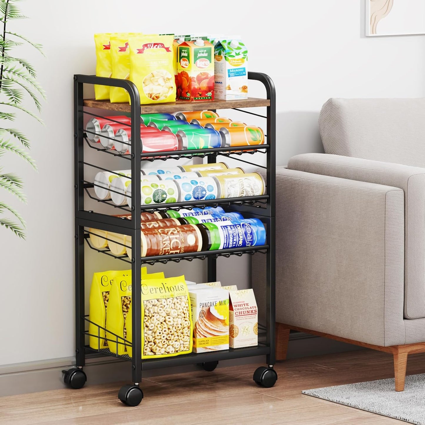 SWTYMIKI Can Organizer for Pantry - Stackable Rolling Snack Cart, Soda Can Organizer, Multi-Functional Shelf with Adjustable Wheels for Kitchen, Office, Living Room, Black