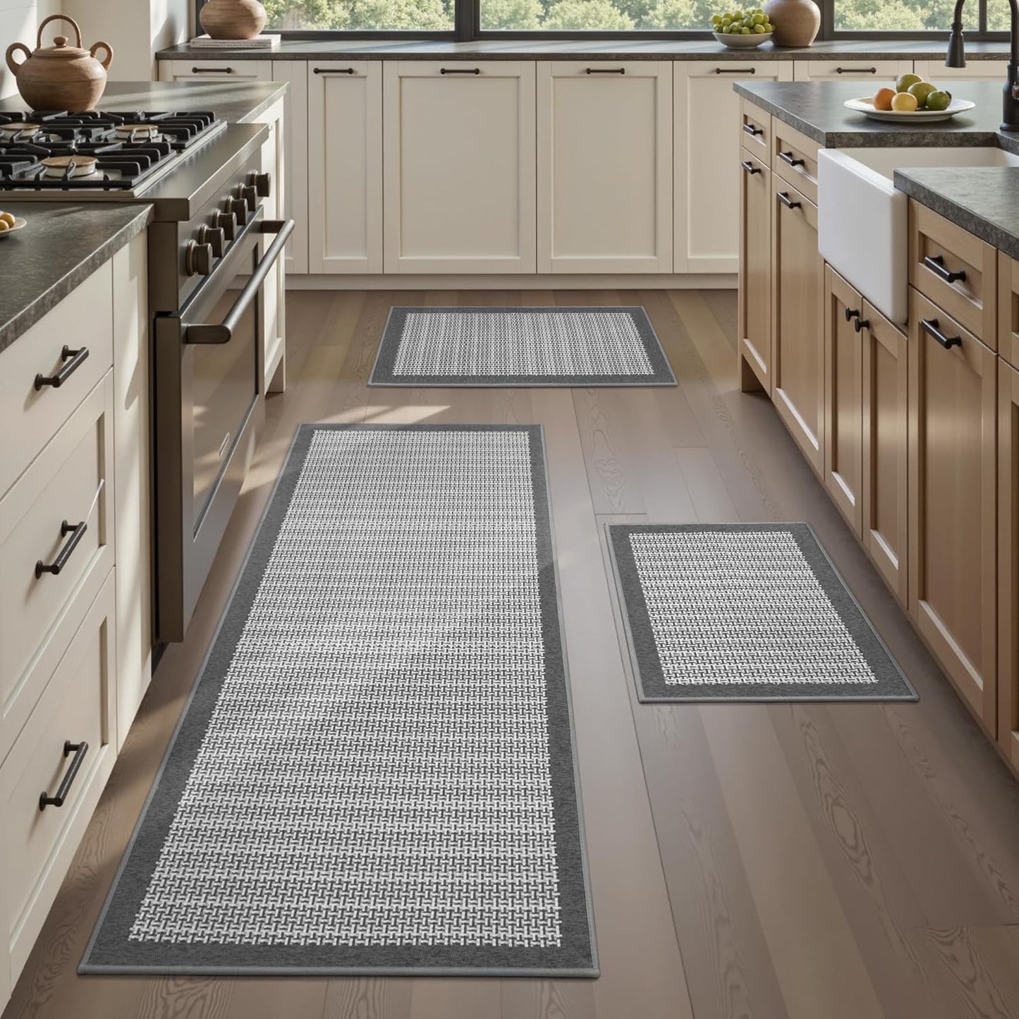 PADOOR Non Slip Kitchen Rugs Sets of 2 - Extra Large 2.5'x6' + 20"x32" Runner Rugs for Kitchen Floor Non Skid Washable, Absorbent Kitchen Mat for in Front of Sink 2 Piece Grey