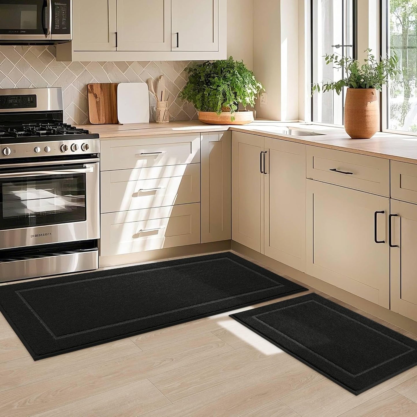 JSEI Non-Slip Kitchen Rugs, Self Adhesive No Sliding Kitchen Mats Set of 2, Soft Washable Absorbent Floor Mat for Kitchen, Bathroom, Laundry Room, Bedroom, 24”x36”+24”x60”, Beige, Diamond Pattern