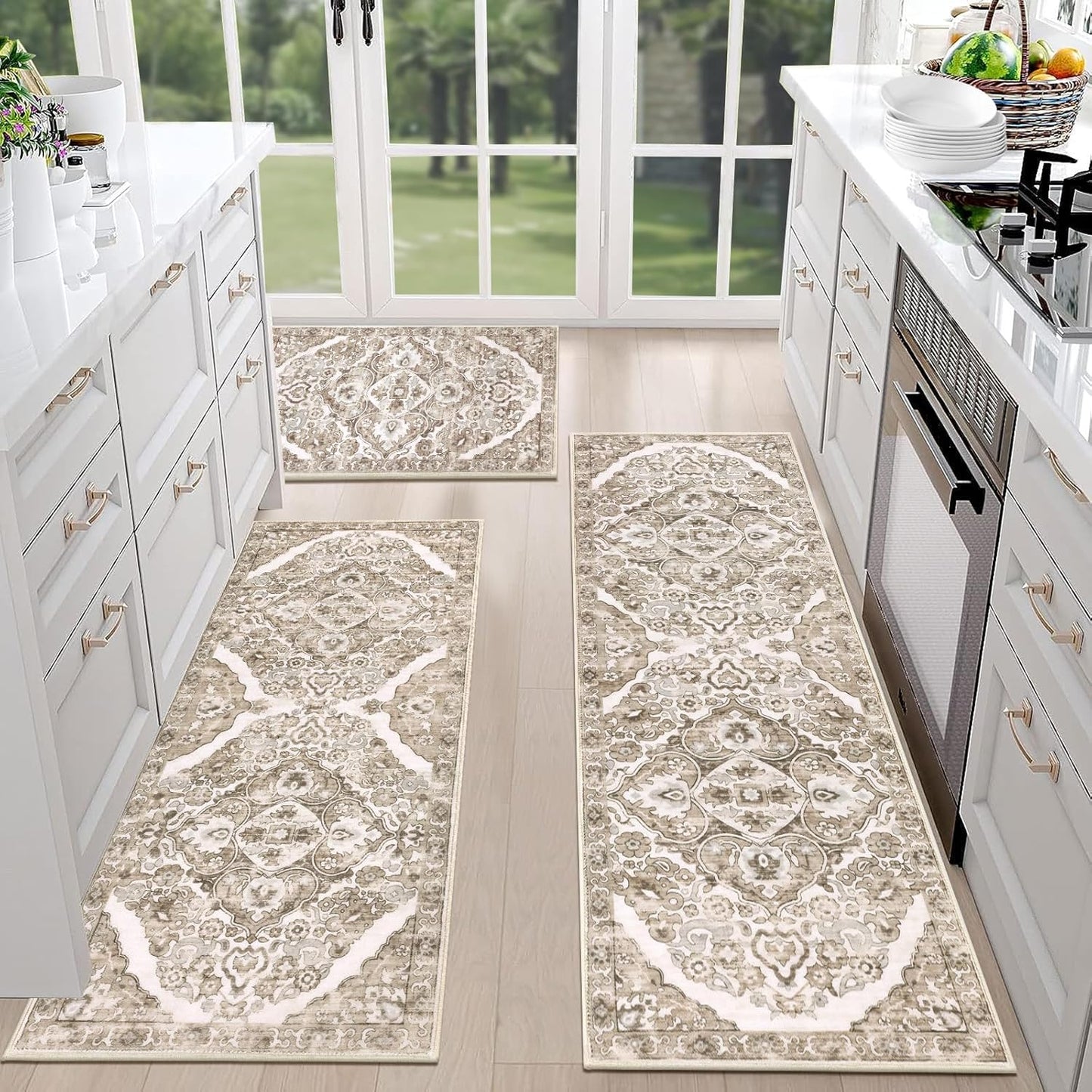 HEBE Farmhouse Kitchen Rugs Sets of 3 Non Slip Washable Boho Kitchen Rugs and Mats for Floor Kitchen Runner Rug Floor Carpet for Kitchen, Laundry, Hallways