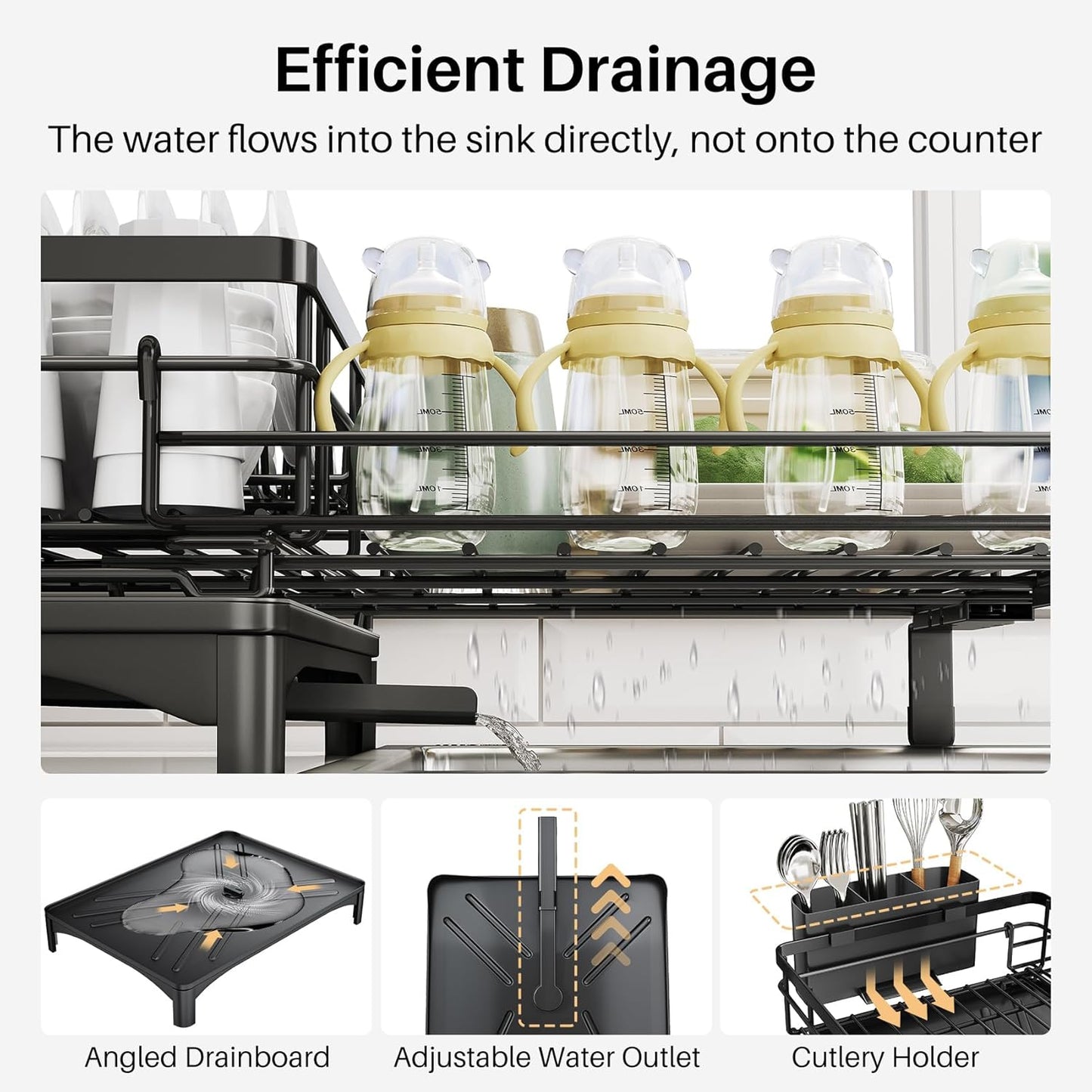 SNTD Dish Drying Rack - Extendable Dish Rack, Large Sink Drying Dish Drainer for Kitchen Counter, Stainless Steel Dish Strainer with Utensil Holder (Black)