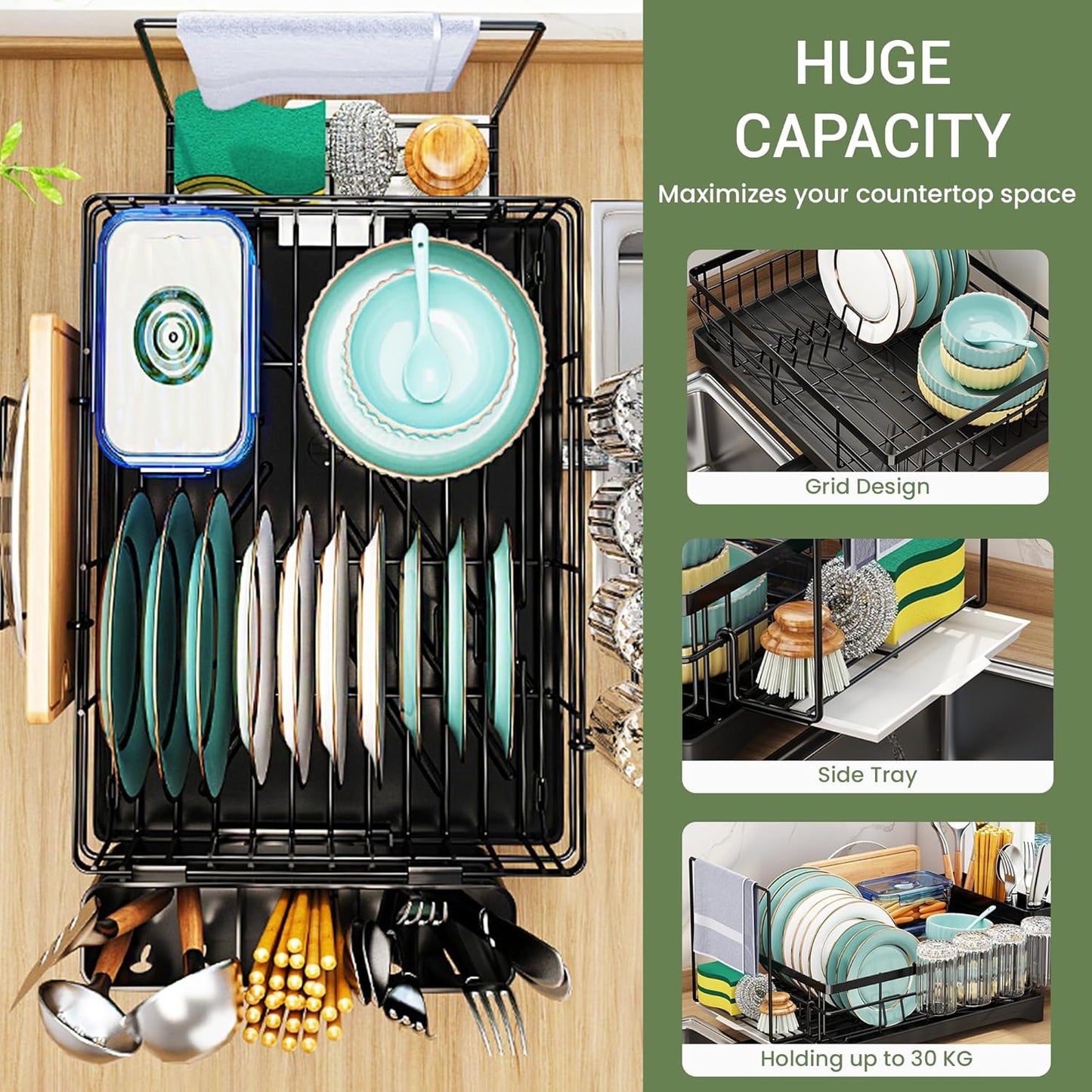 DINEST 1 Tier Dish Drying Rack with Drainboard – Rust Resistant Iron Kitchen Dish Rack with 270° Rotating Spout, Utensil & Plate Holders – Compact Drying Rack for Kitchen Counter - Black