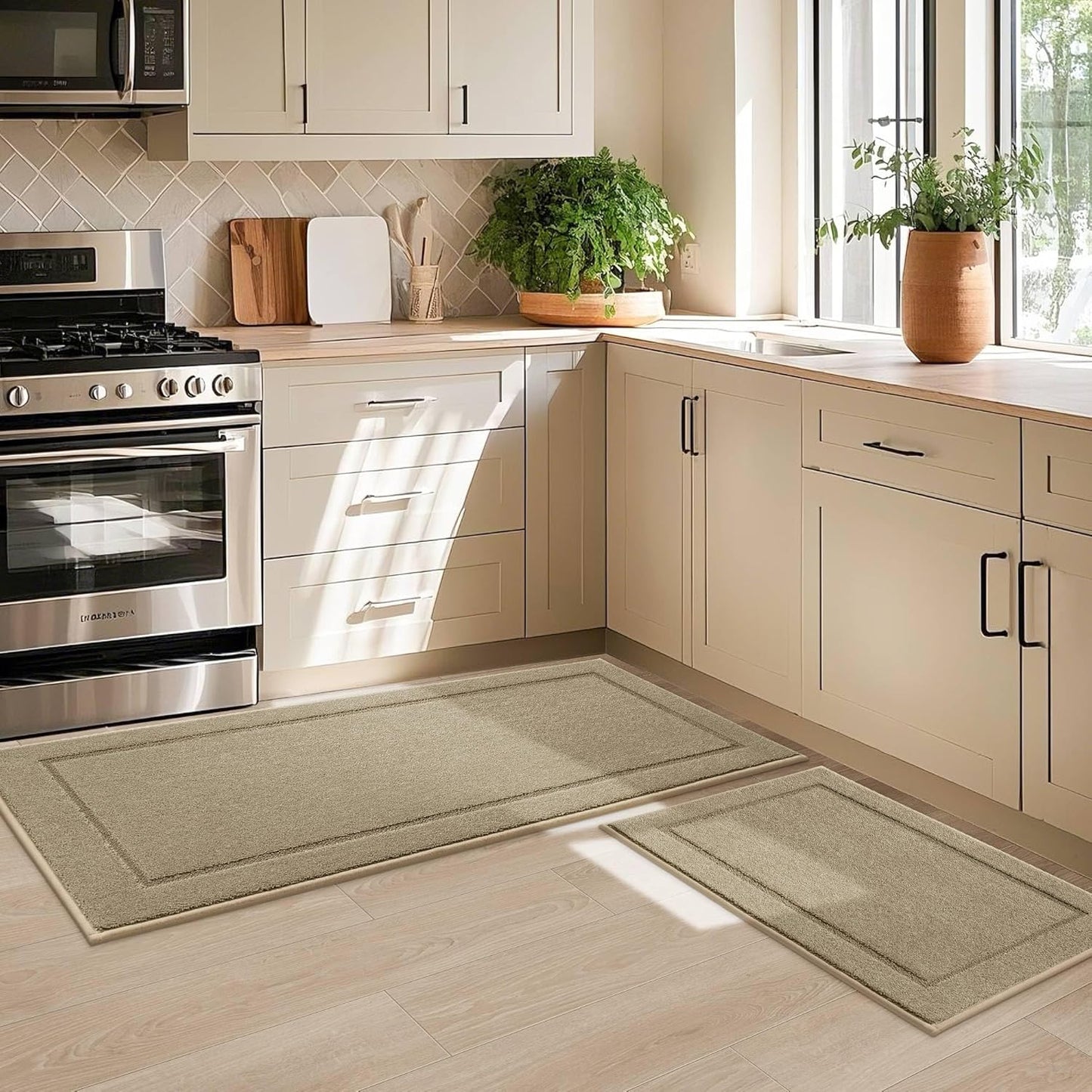 JSEI Non-Slip Kitchen Rugs, Self Adhesive No Sliding Kitchen Mats Set of 2, Soft Washable Absorbent Floor Mat for Kitchen, Bathroom, Laundry Room, Bedroom, 24”x36”+24”x60”, Beige, Diamond Pattern