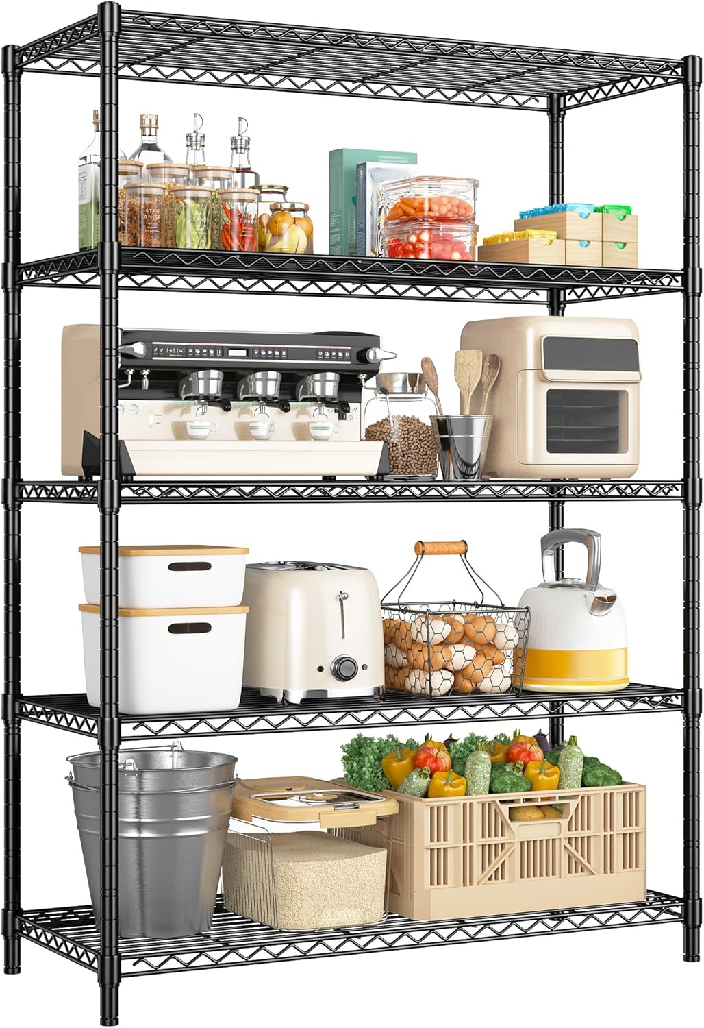 5 Tier Storage Shelves 1010LBS Wire Shelving Unit Adjustable Metal Shelving Pantry Shelves Sturdy Steel Commercial Shelf for Kitchen Pantry Closet Laundry School,13.6" D x 21.5" W x 59.4" H