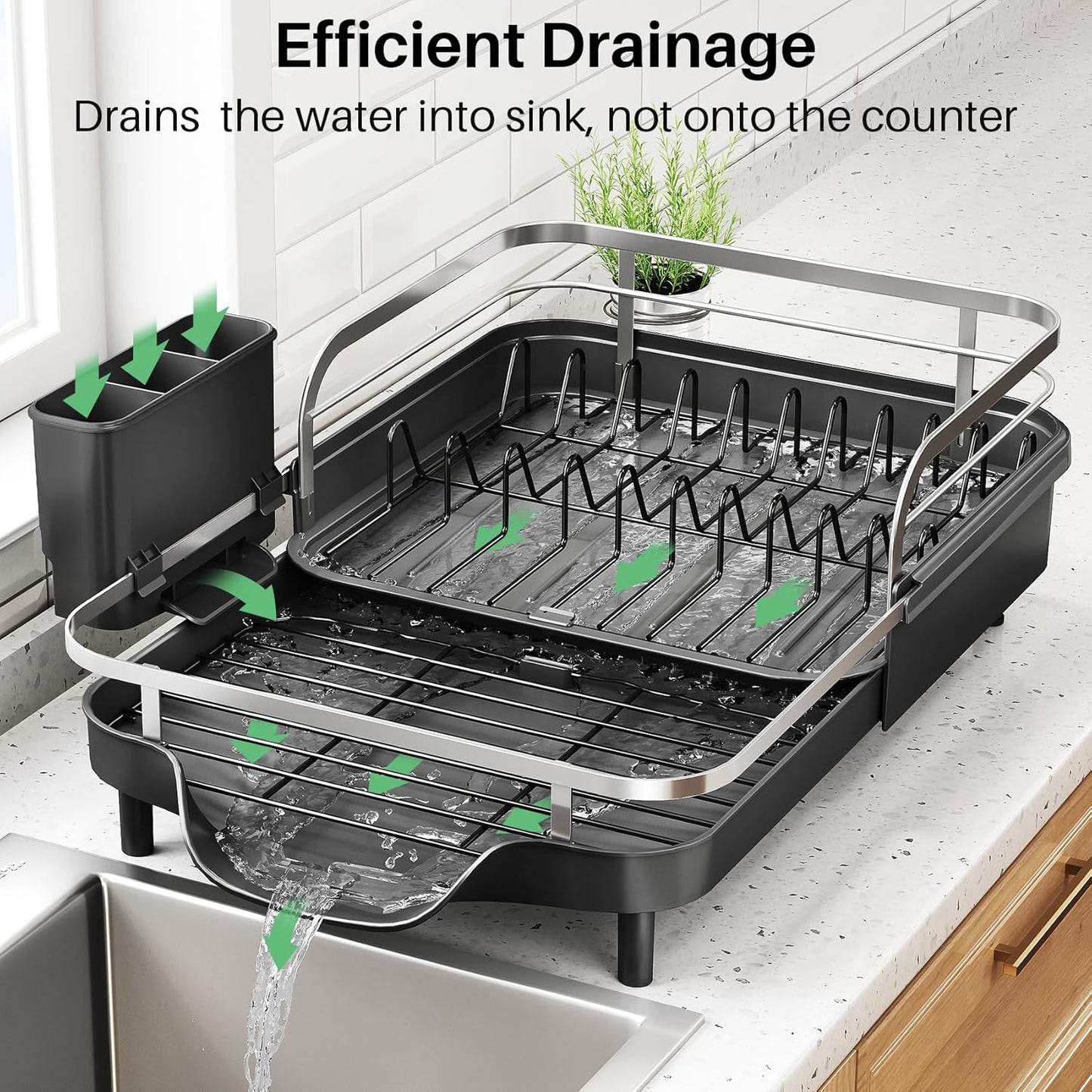Dish Drying Rack, Expandable Dish Rack for Kitchen Counter, Stainless Steel Dish Drainer with Drainboard Set and Utensil Holder (Black)