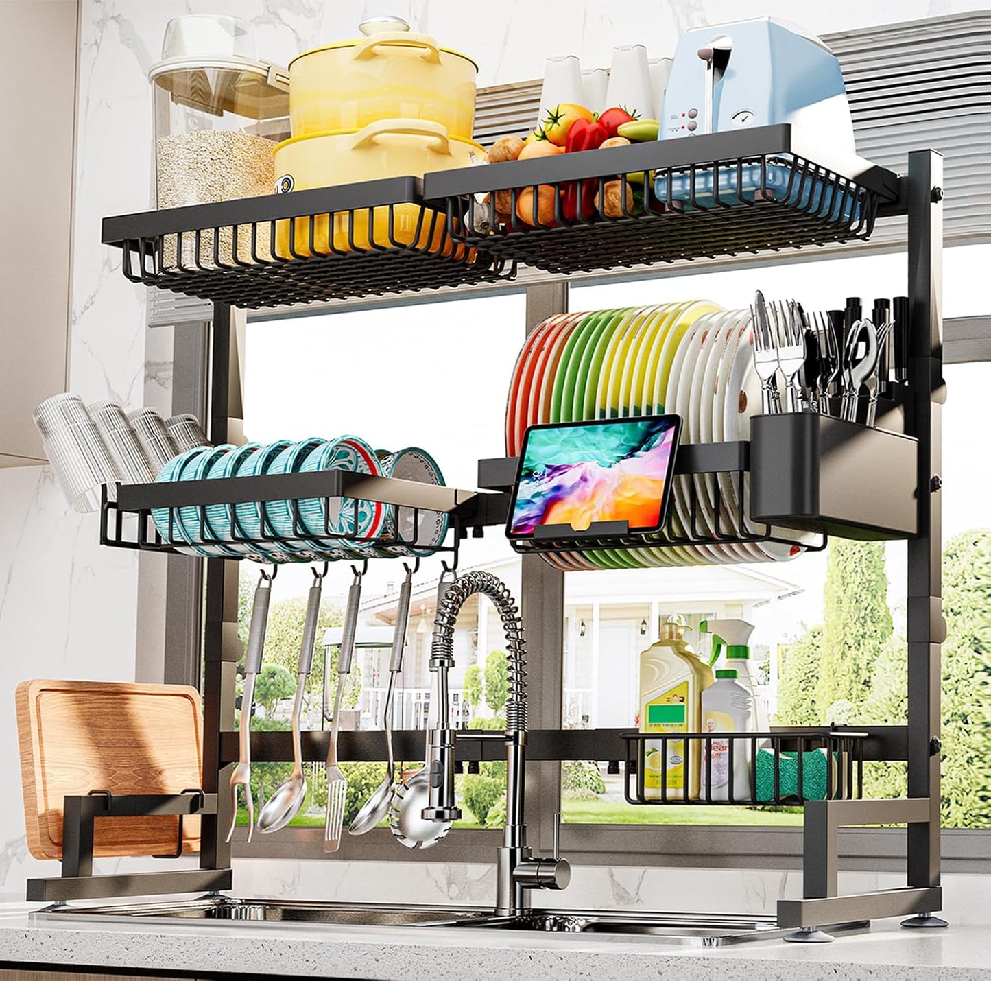 ADBIU Over The Sink Dish Drying Rack (Expandable Height and Length) Snap-On Design 2 Tier Large Dish Rack