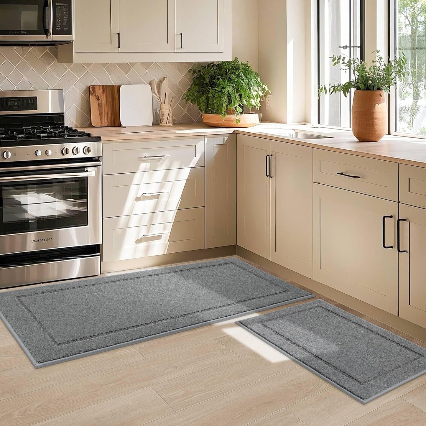 JSEI Non-Slip Kitchen Rugs, Self Adhesive No Sliding Kitchen Mats Set of 2, Soft Washable Absorbent Floor Mat for Kitchen, Bathroom, Laundry Room, Bedroom, 24”x36”+24”x60”, Beige, Diamond Pattern