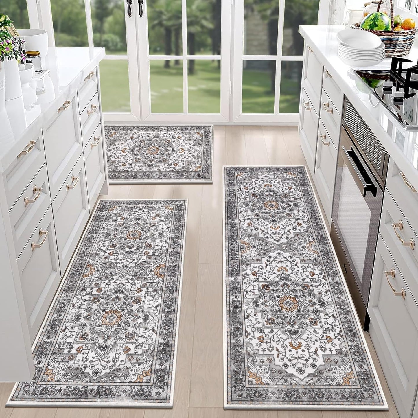 HEBE Farmhouse Kitchen Rugs Sets of 3 Non Slip Washable Boho Kitchen Rugs and Mats for Floor Kitchen Runner Rug Floor Carpet for Kitchen, Laundry, Hallways