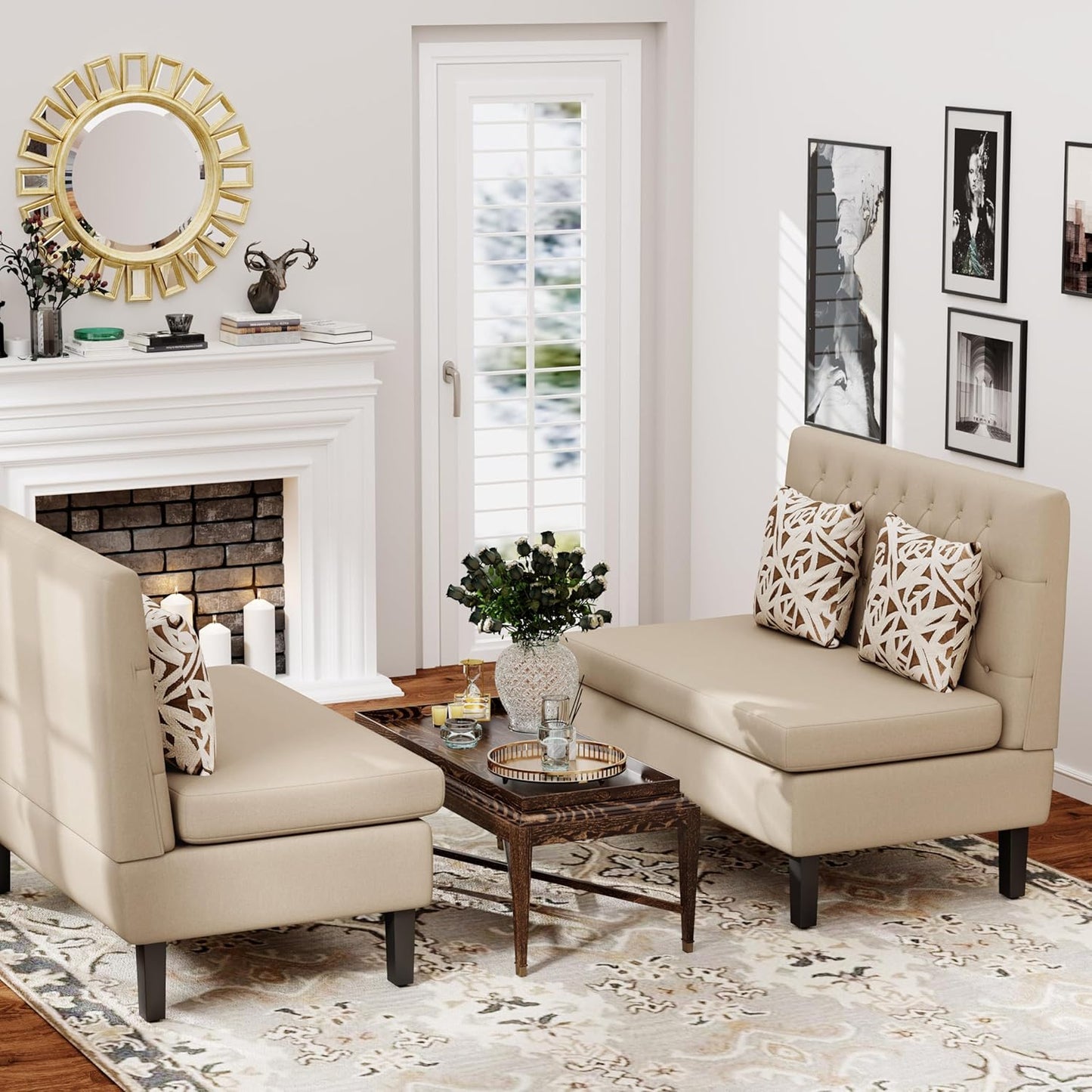 Yongqiang Modern Upholstered Settee with Back Small Loveseat Sofa Dining Bench Banquette Seating for Kitchen Dining Room Living Room Linen Button Tufted Mini Couch Khaki