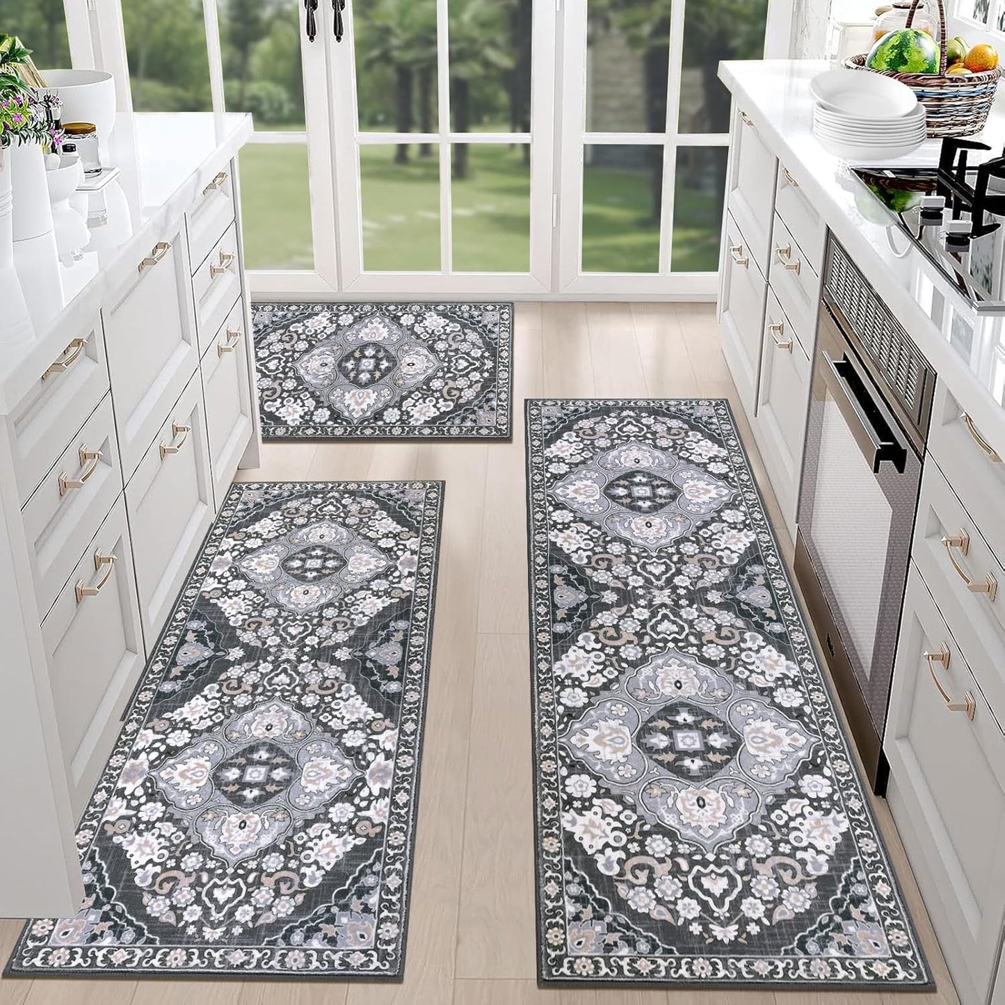 HEBE Farmhouse Kitchen Rugs Sets of 3 Non Slip Washable Boho Kitchen Rugs and Mats for Floor Kitchen Runner Rug Floor Carpet for Kitchen, Laundry, Hallways