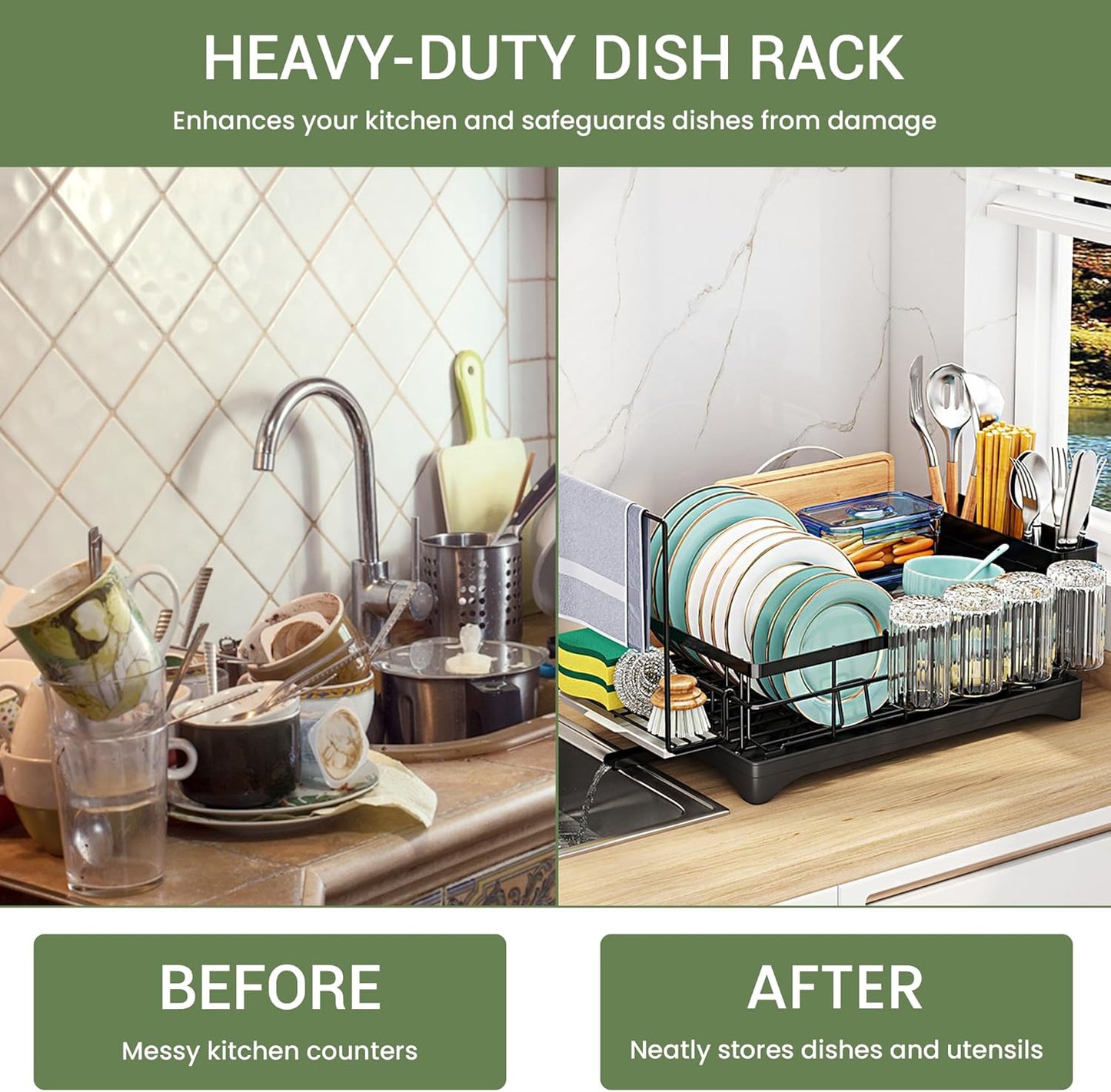 DINEST 1 Tier Dish Drying Rack with Drainboard – Rust Resistant Iron Kitchen Dish Rack with 270° Rotating Spout, Utensil & Plate Holders – Compact Drying Rack for Kitchen Counter - Black