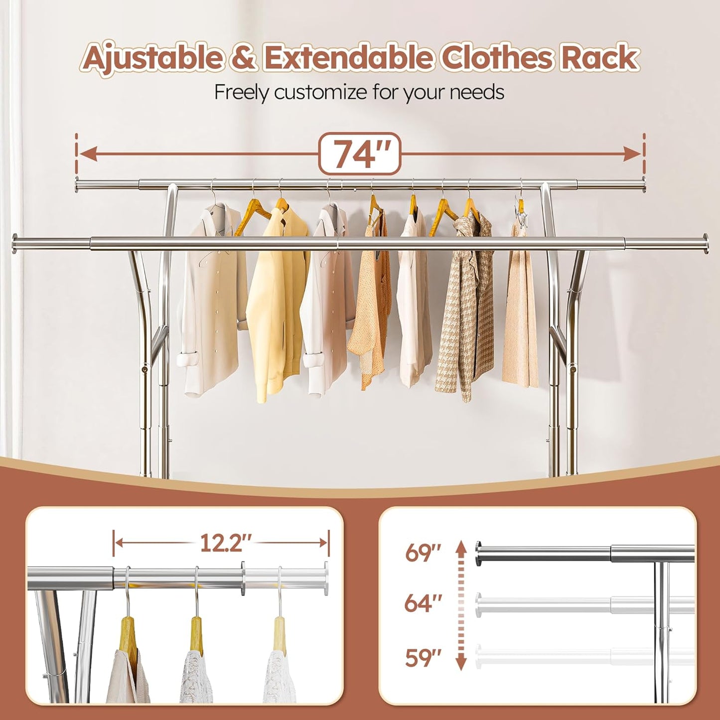 Raybee 74" W Heavy Duty Clothes Rack, Double Rods Clothing Rack Load 630 LBS, Rolling Clothes Racks for Hanging Clothes 400+, Garment Rack for Bedroom, Laundry Room, Retail Store