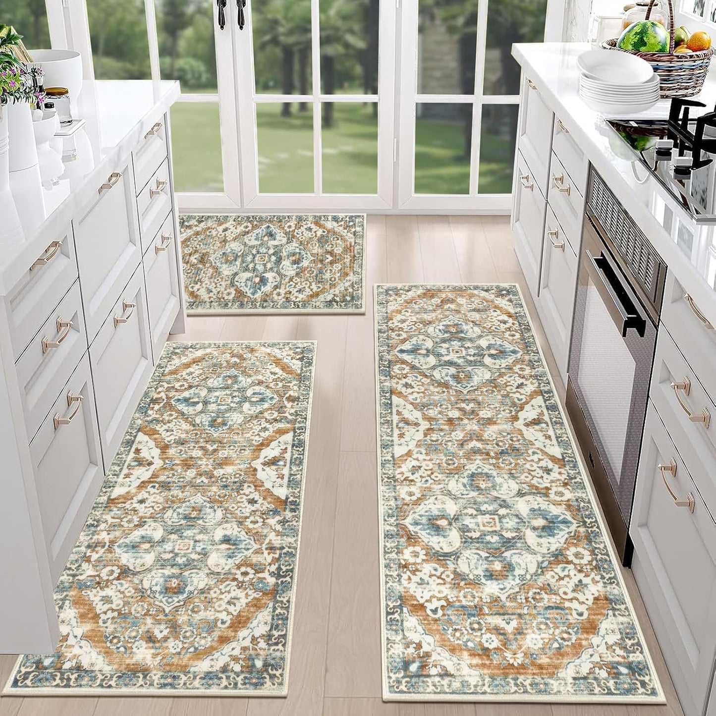 HEBE Farmhouse Kitchen Rugs Sets of 3 Non Slip Washable Boho Kitchen Rugs and Mats for Floor Kitchen Runner Rug Floor Carpet for Kitchen, Laundry, Hallways