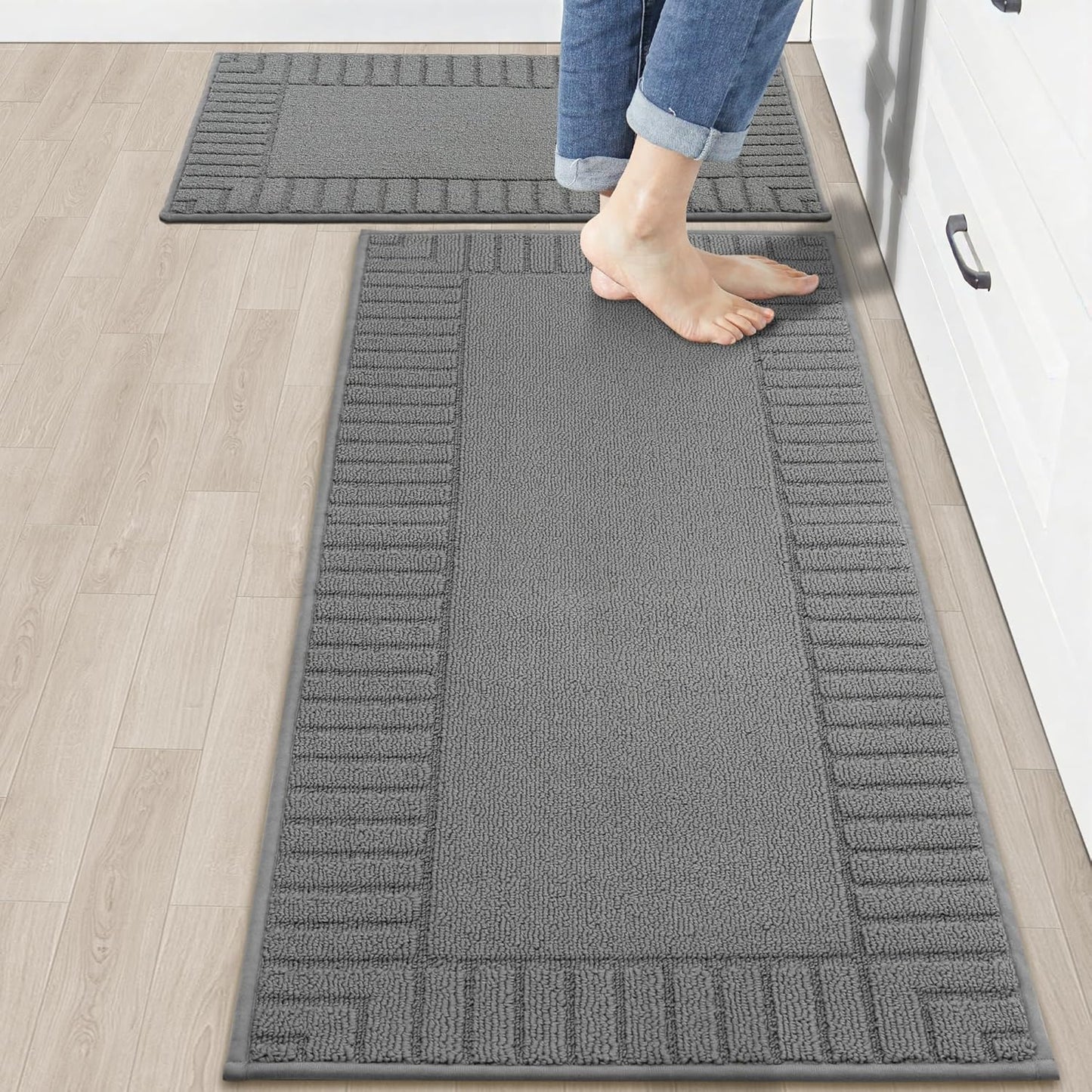BEQHAUSE-Kitchen-Rugs-Non-Slip-Kitchen-Mats-for-Floor Machine Washable Kitchen Rugs 2 Pieces Kitchen Carpet Runner with TPR Backing,Green,24x35inch/24x60inch