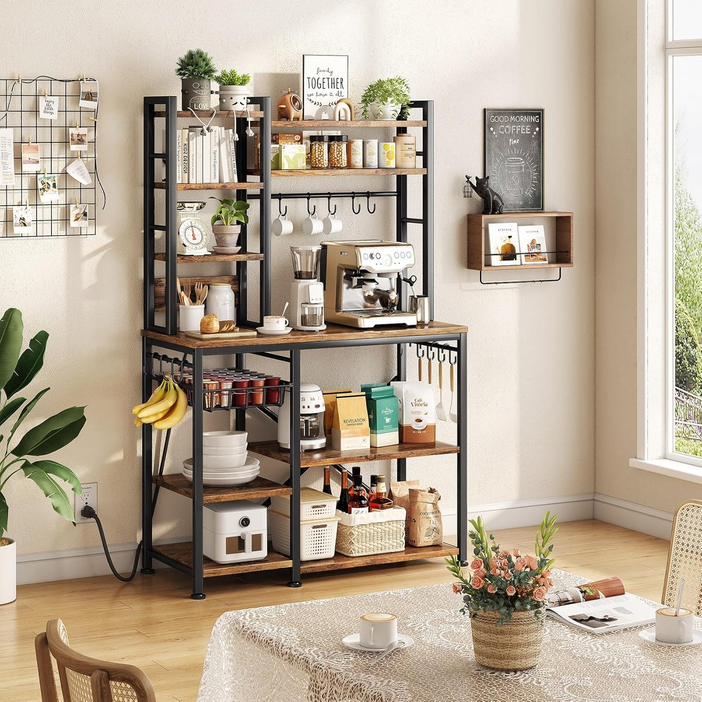 Baker Rack with Power Outlet - Microwave Stand with Storage, Large Coffee Bar Station with 14 Hooks, Metal Kitchen Shelf Rack for Spices, Pots (Rustic Brown)